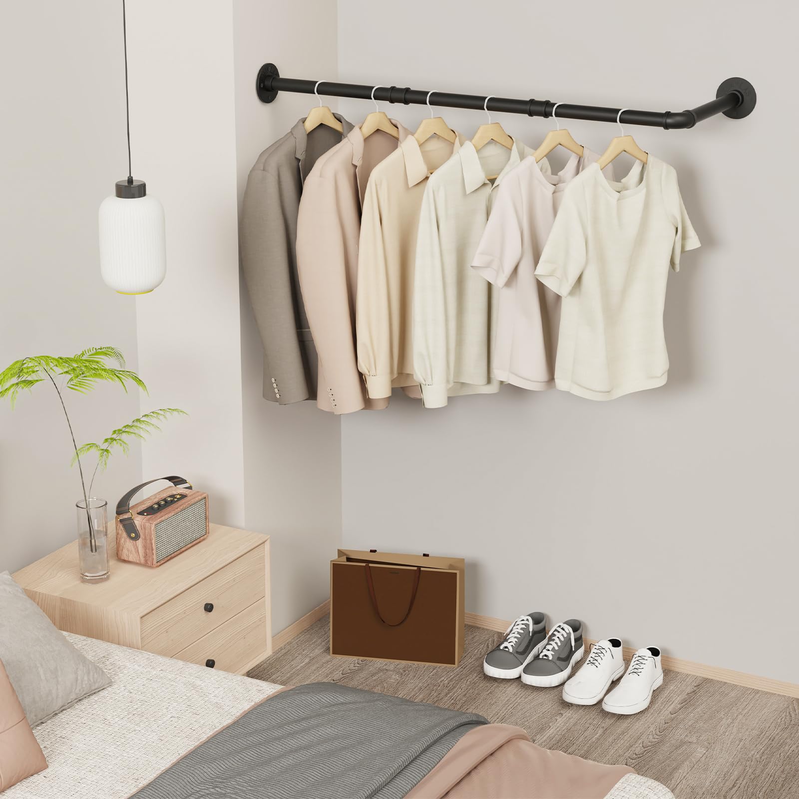 YheenLf Wandgarderobe, L-vorm, kledingrek voor industriële slang van roestvrij staal, inloopkast, voor badkamer, keuken, 60 × 30 cm, 1 stuk, zwart