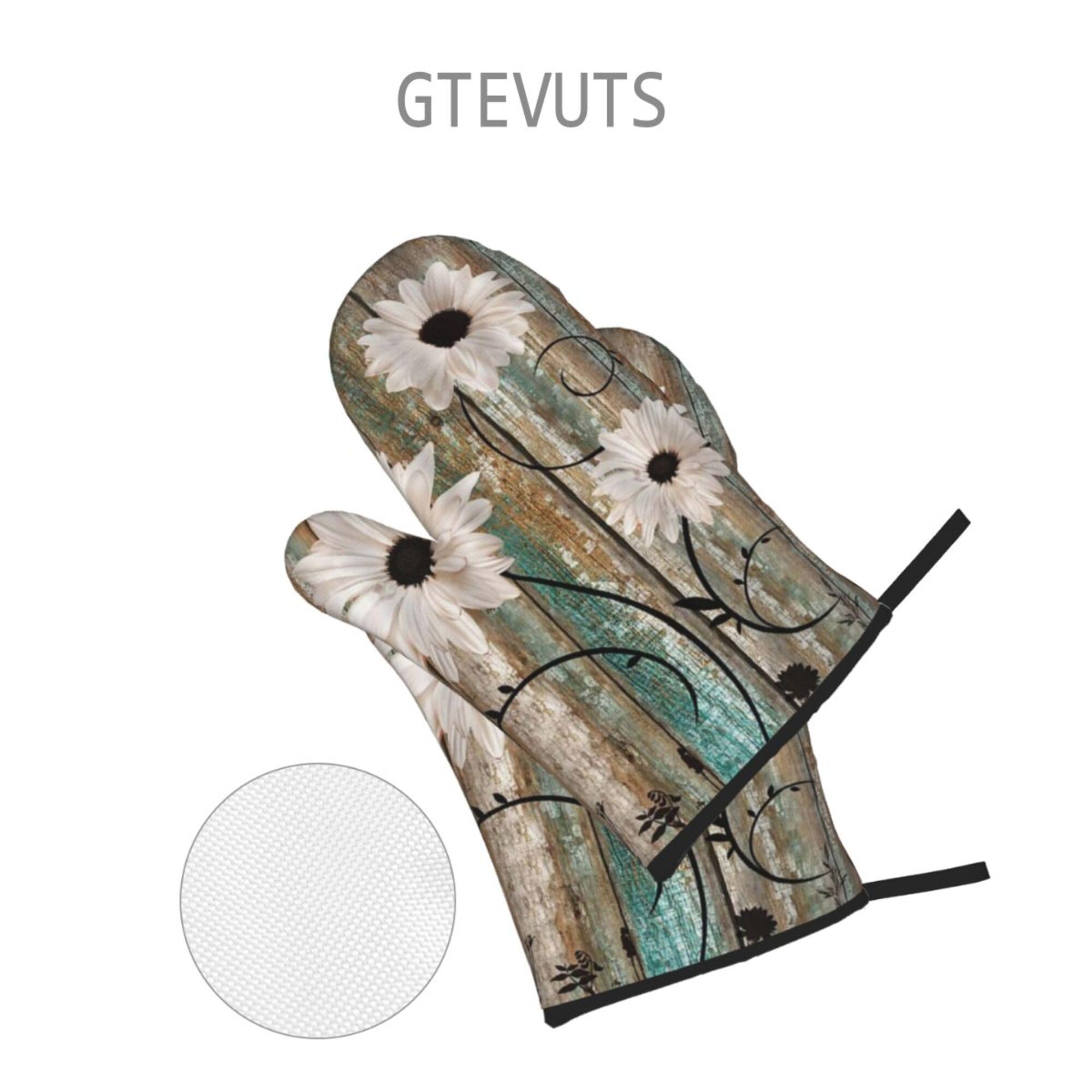 Rustic Daisy Wood Board Oven Mitts and Pot Holders Sets of 4, Country Style Heat Resistant Polyester Cooking Gloves Non-Slip Oven Mitts for Kitchen Baking Grilling BBQ