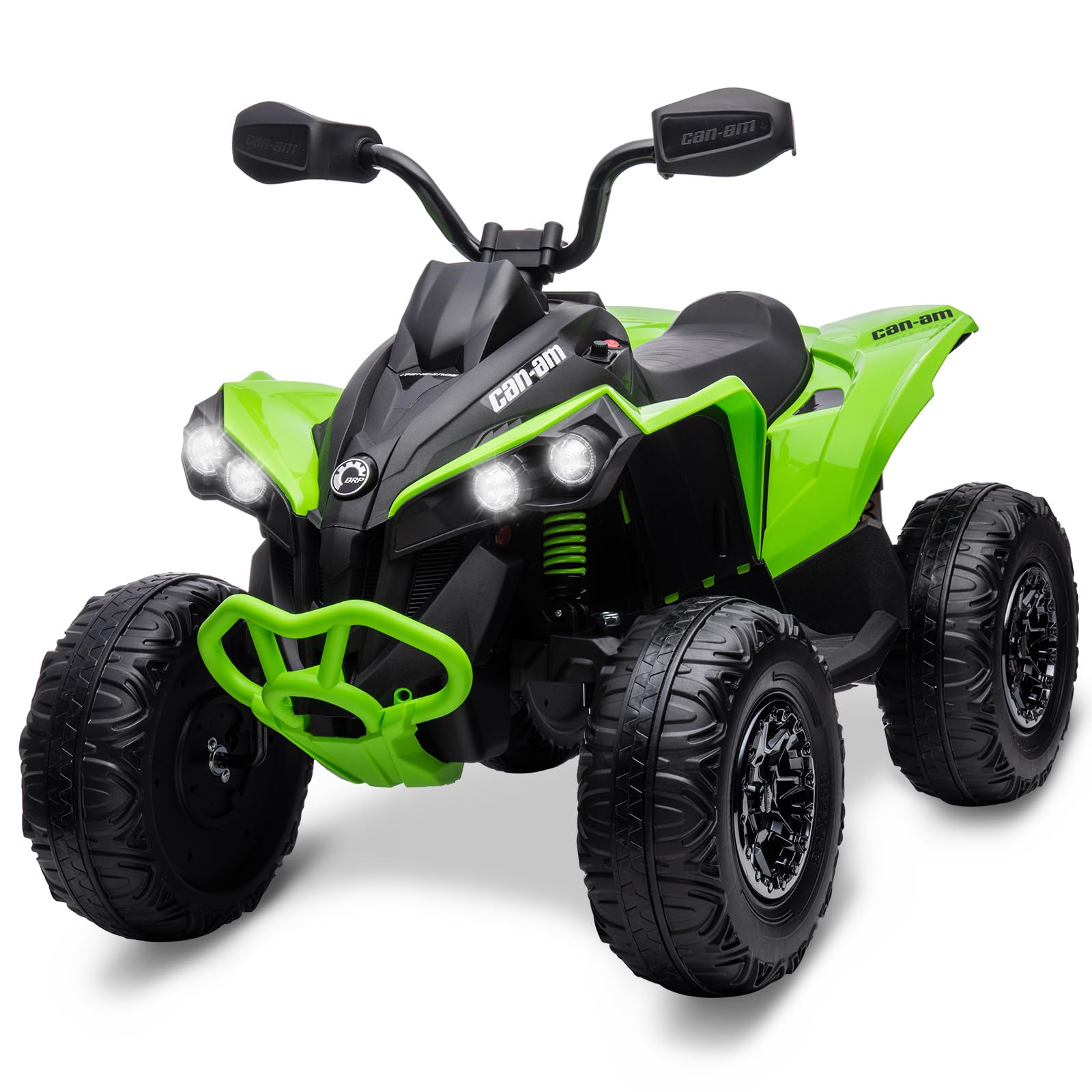 GAOMON Kids ATV, 12V Ride on Toy Car Bombardier Licensed BRP Can-am 4 Wheeler Quad Electric Vehicle, w/LED Lights, Spring Suspension, Bluetooth, Music, USB, Treaded Tires, Green