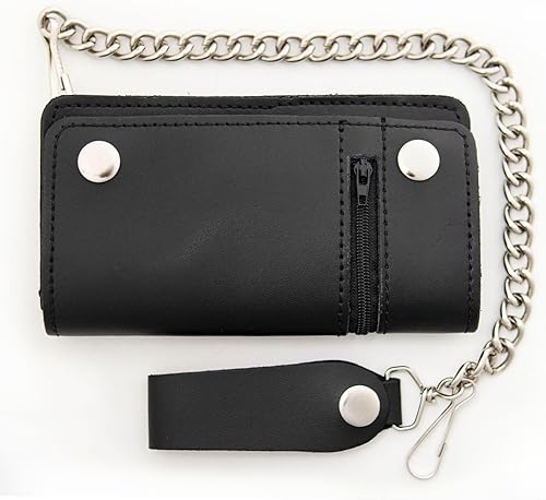 Milwaukee Leather MLW7882 - Cartera de motociclista de piel negra de 6 pulgadas con bolsillo exterior, cadena de acero inoxidable antirrobo