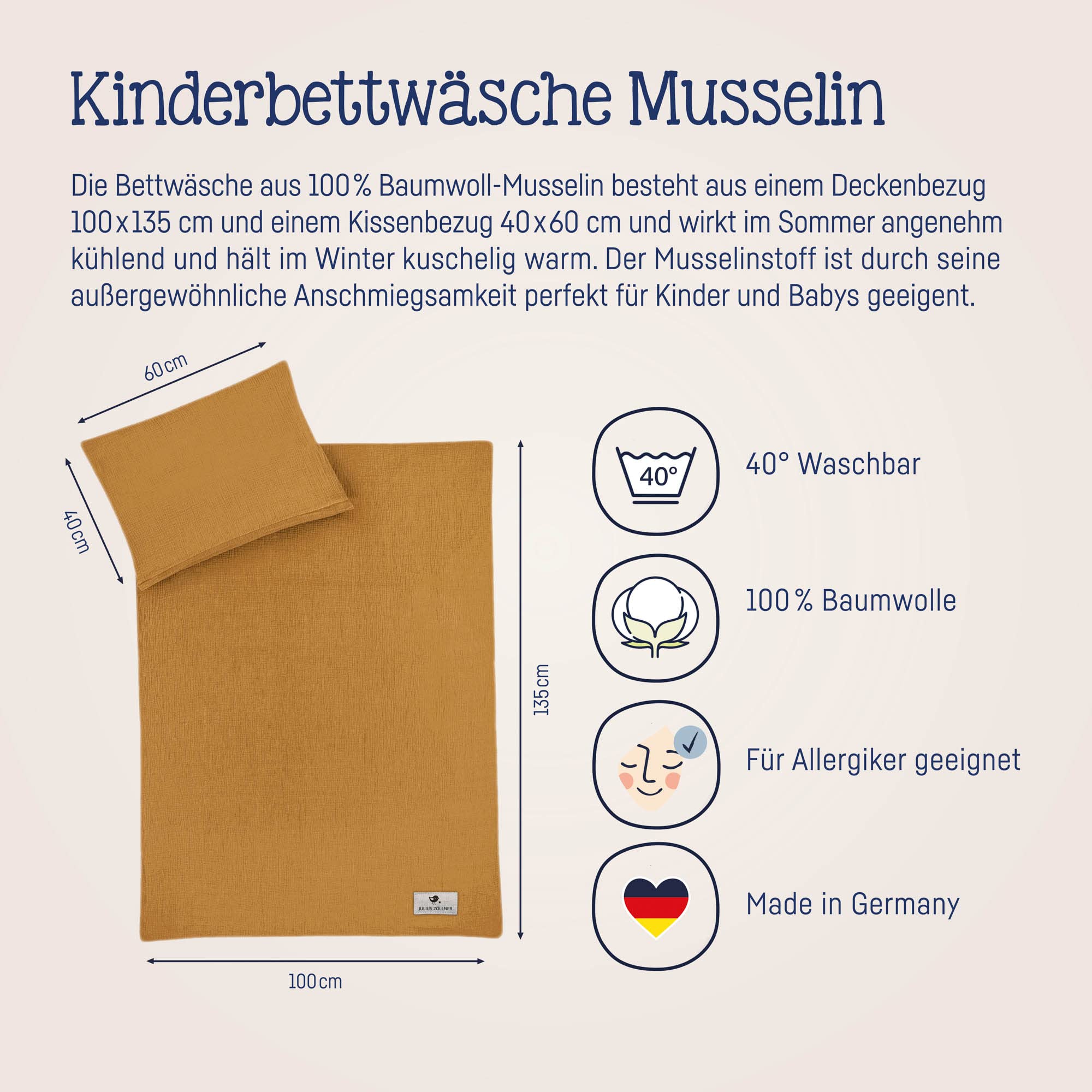 Julius Zöllner Musselin - Kinderbettwäsche 100x135 + 40x60 cm, 2-teiliges Set aus Deckenbezug und Kissenbezug, 100 Prozent Baumwoll-Musselin, mit Reißverschluss, Standard 100 by Oeko-TEX, Zimt