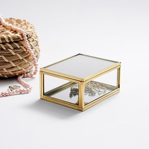 Miniatura 6 de 4x3x1.5" Brass Glass jewelry Ring Box Wedding Mirrored Based