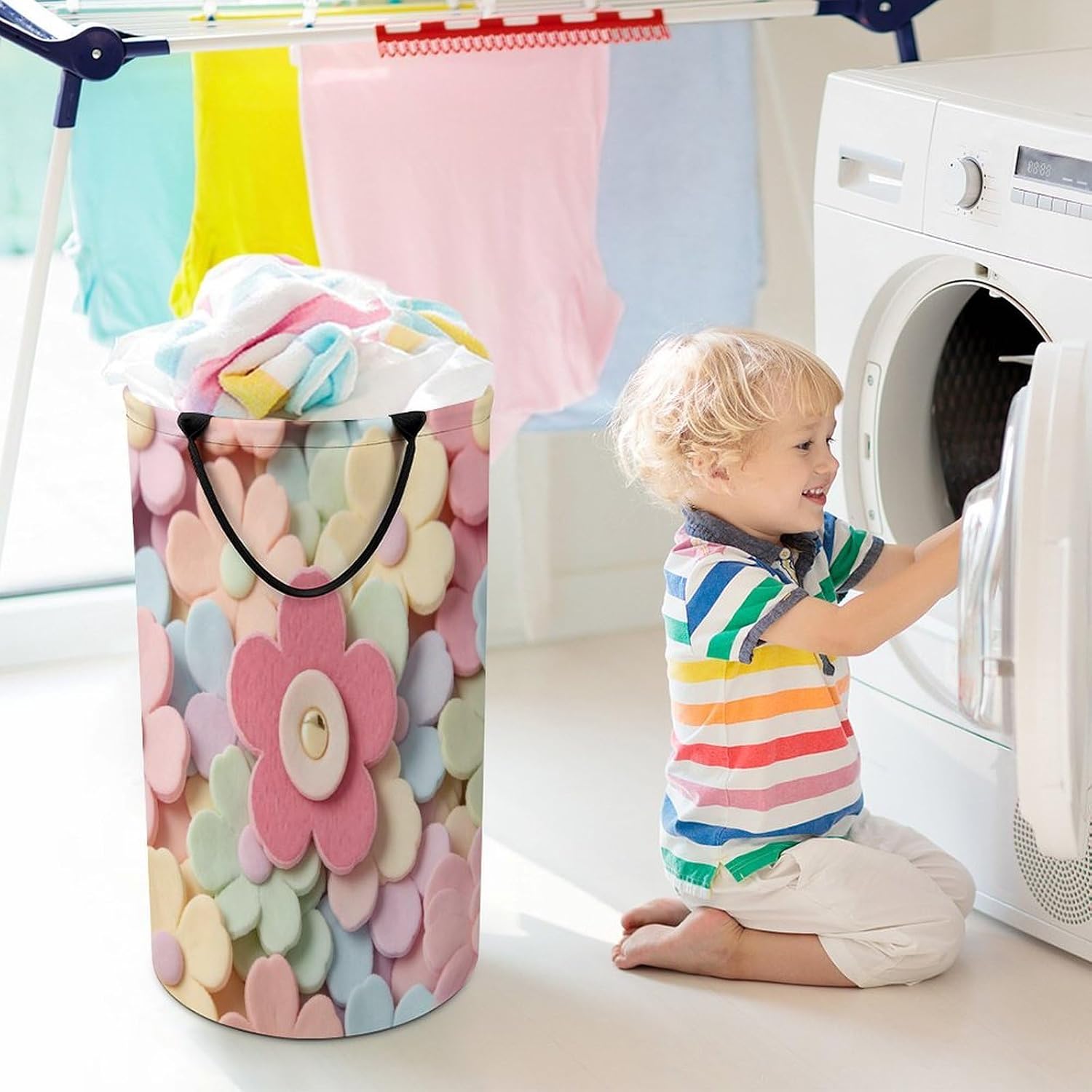 Colorful FlowerLaundry Hamper Storage Basket | Large Dirty Clothes Bag for Easy Carry Handles,Large Clothes Basket with Handles,Organizer for Bathroom Bedroom