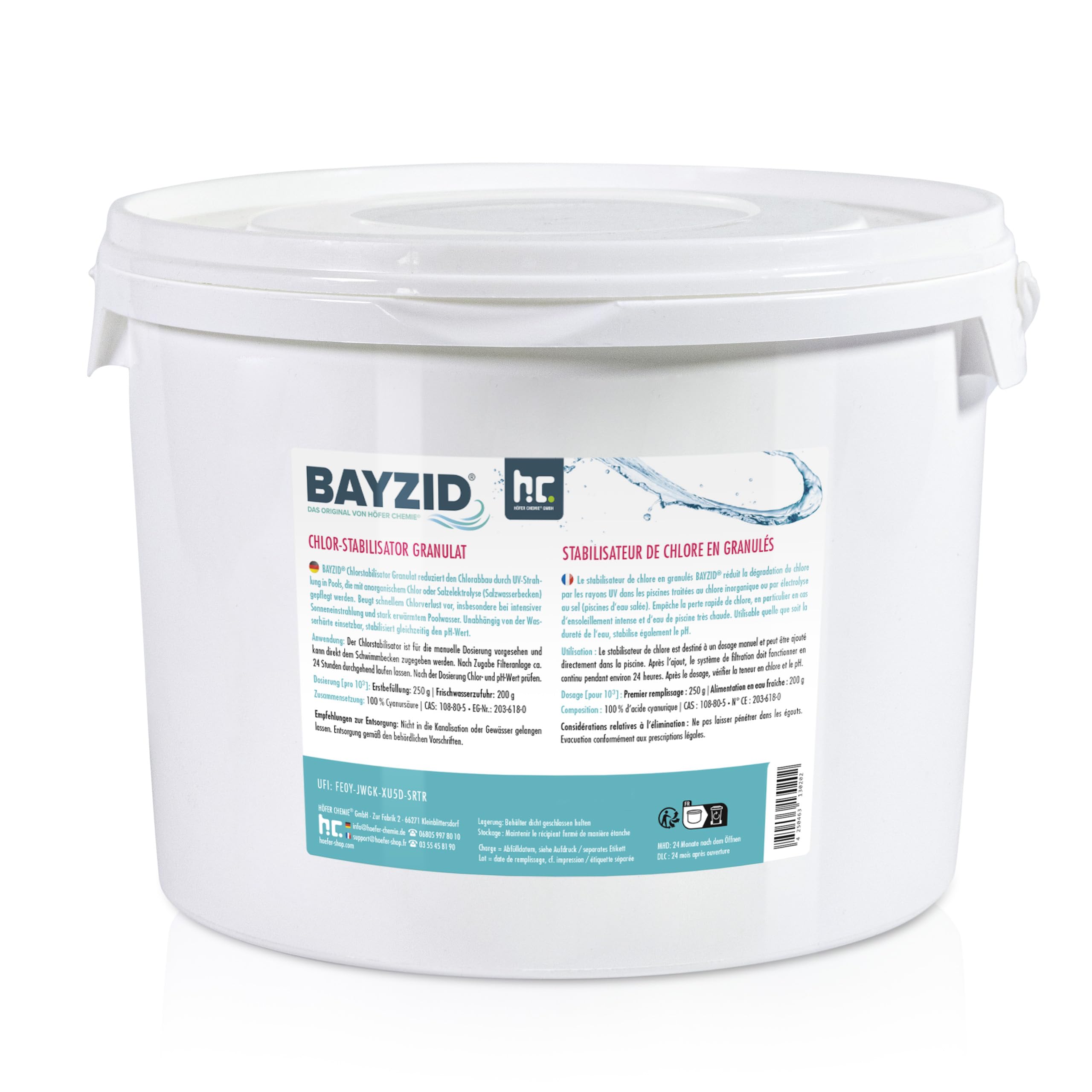 BAYZID Stabilisateur de Chlore pour Piscine 3 kg - Acide Cyanurique en Granulés - Anti-UV et Économiseur de Chlore - Idéal Électrolyse au Sel et Chlore Liquide - Eau Cristalline