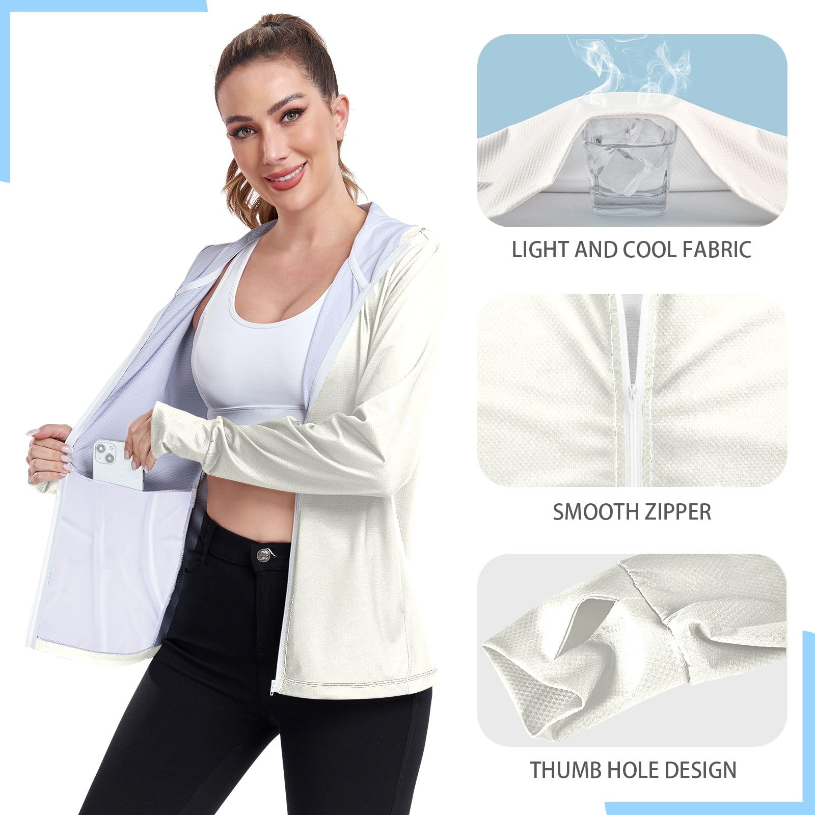 Mimosa Sweat à capuche UPF pour femme Protection solaire Fermeture éclair intégrale Manches longues Sweat à capuche zippé sur le devant Rashguard