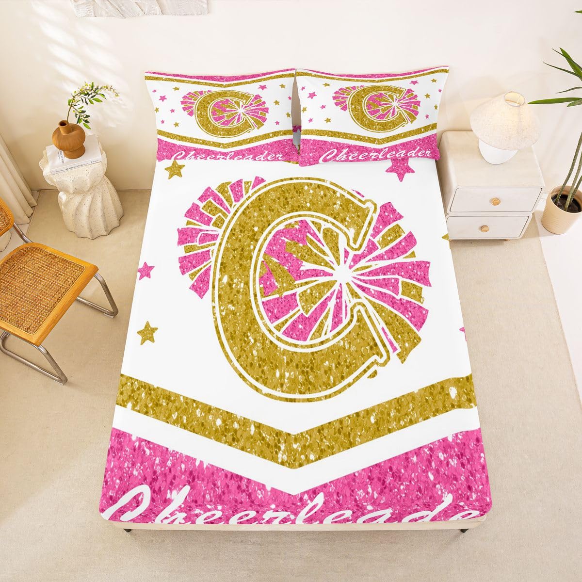 Juego de sábanas con inicial de letra C, sábana bajera ajustable con estampado de lentejuelas para animadoras ultrasuaves, decoración de habitación, tamaño King (sin sábana encimera)