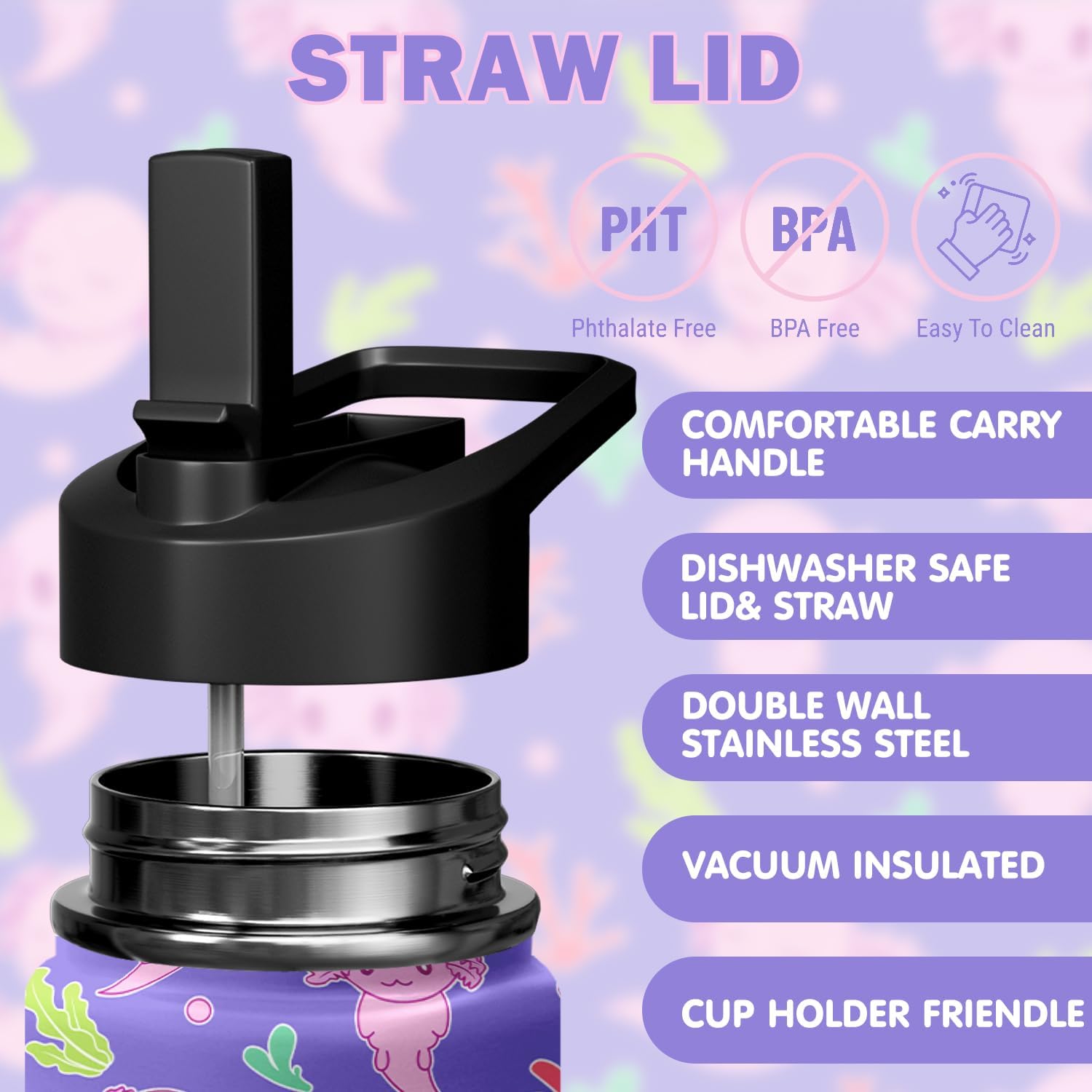 Axolotl Water Bottle for Girl - 18oz Stainless Steel Tumbler with Decorative Straw, Leakproof & BPA-Free, School & Sports Use Ages 5+ - Image 3