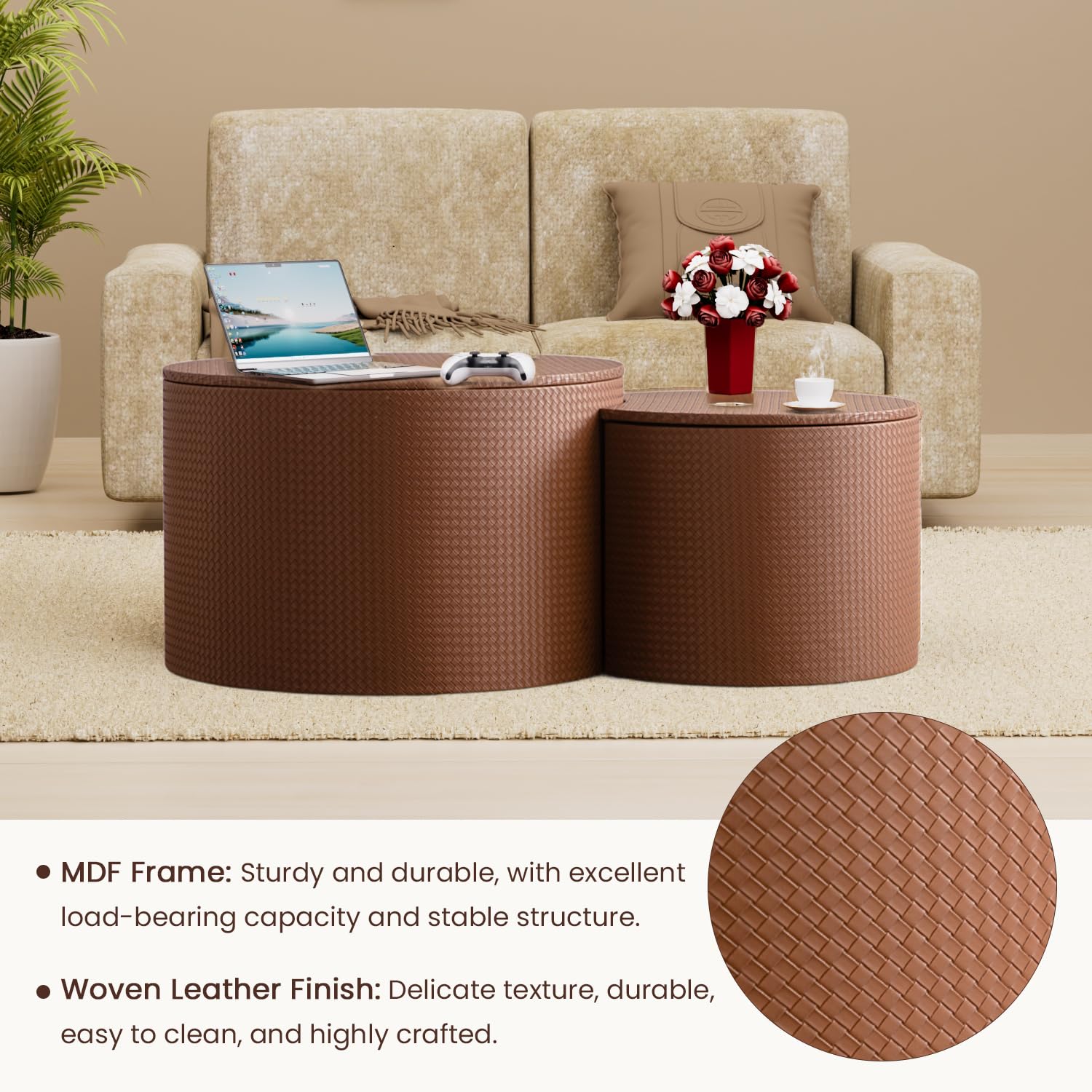 Set di 2 Tavolini Sovrapponibili per Spazi Ridotti, Brown with storage | Tavolini Rotondi con Finitura in Pelle e Vano Contenitore - Struttura in Legno – Tavolini Laterali a Tamburo Ideali