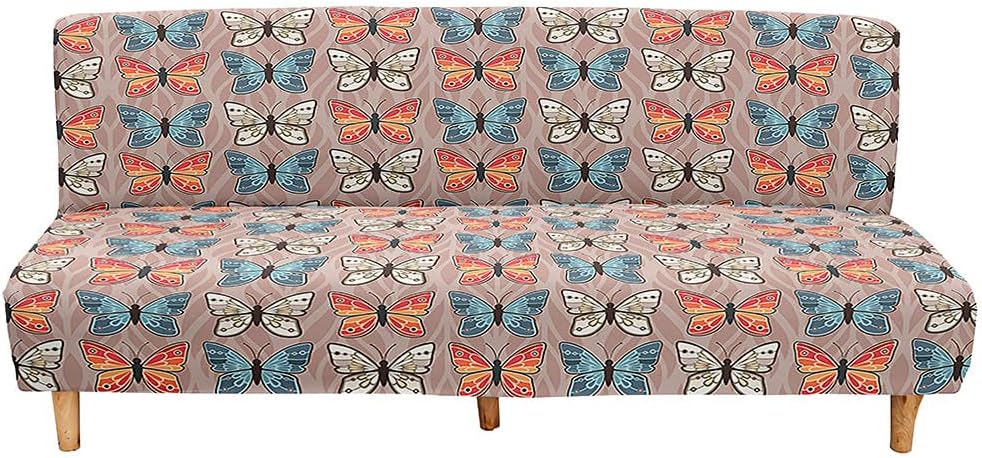 Mateju Armless Sofa Bed Cover, Butterfly Pattern Folding Sofa Bed without Armrests, Non Slip Stretch Futon Slipcover Protector for 2-3 Seater, Washable Couch Bed Slipcovers (Light Brown,190-230cm)