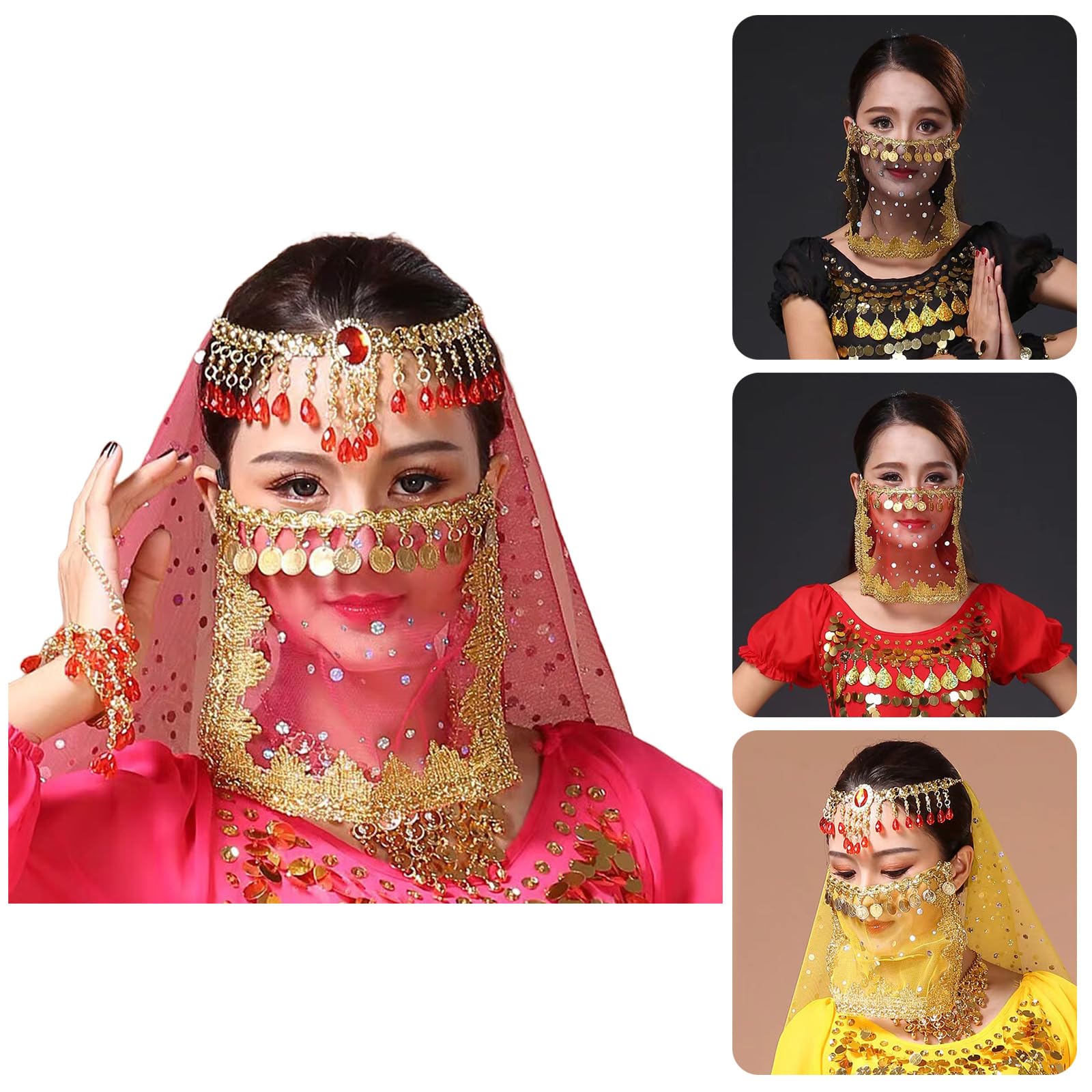 Velo facial de danza del vientre con moneda, velo de Halloween, cosplay, media cara, bufanda de fiesta, baile, tribal, para mujeres y niñas, medio vientre, Halloween, cosplay para mujeres y