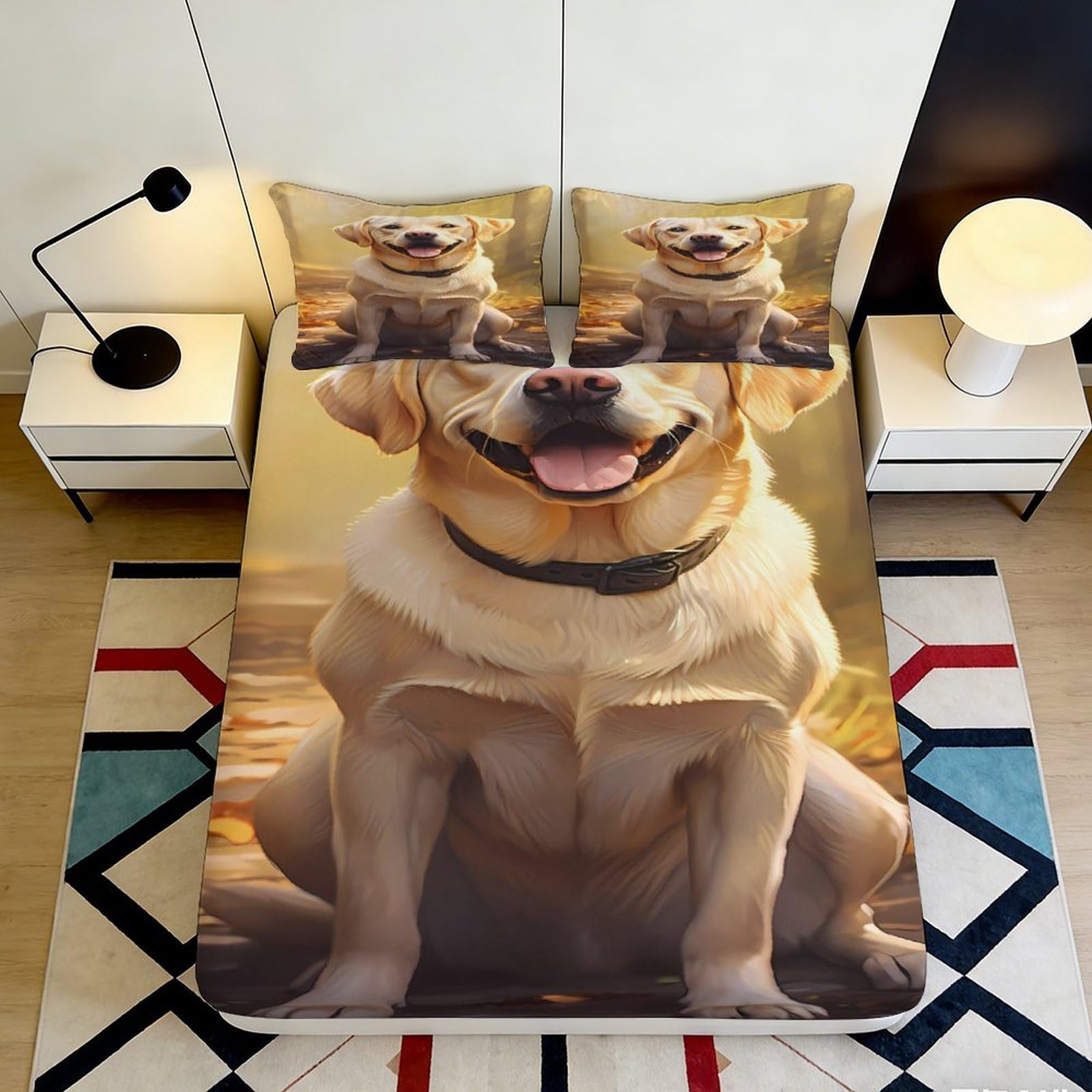 3D Printed Happy Labrador Fitted Sheet Microfiber Soft Breathable Sunshine Dog Bed Cover for Bedroom Guest Room Decor 120x200x25cm