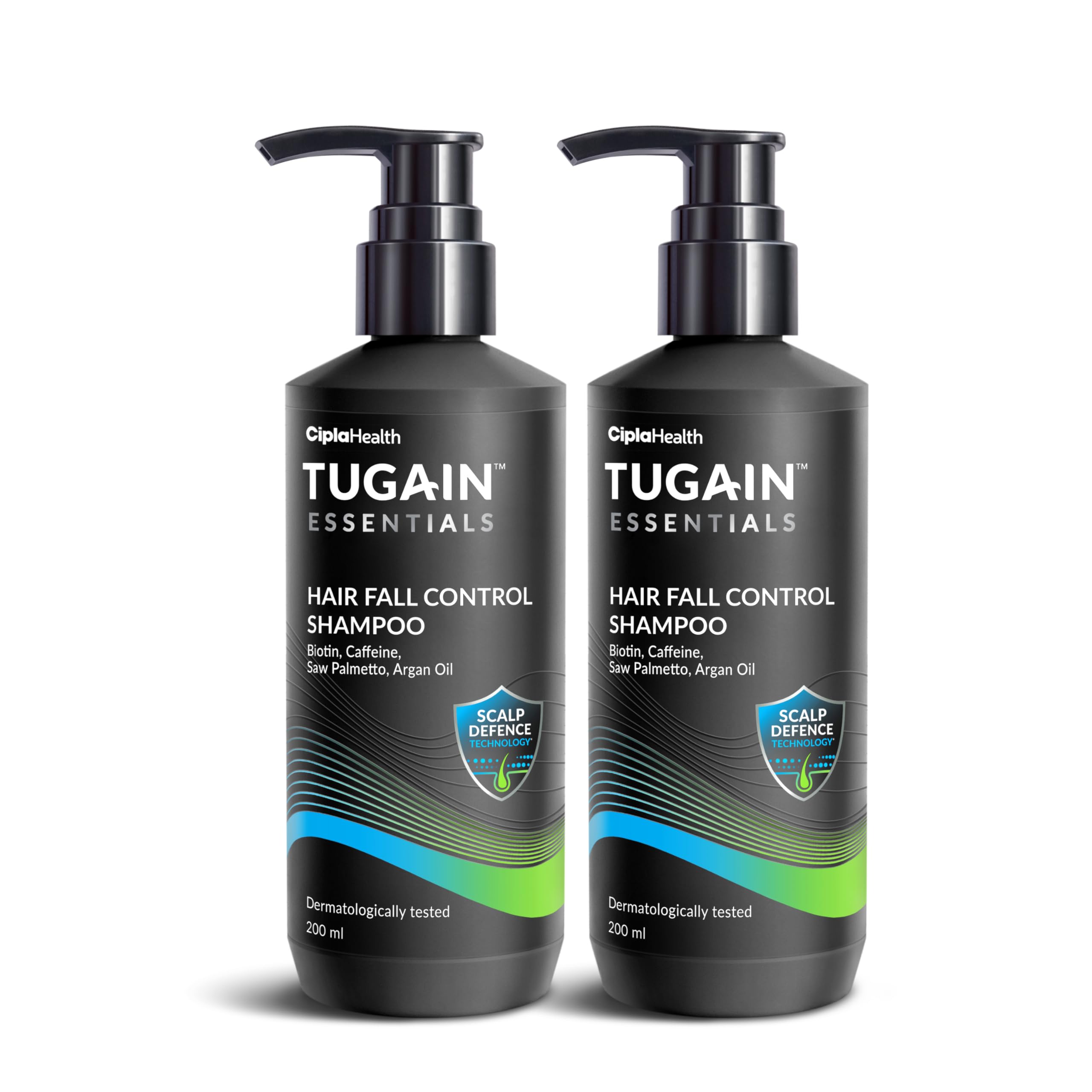 Tugain Essentials Hair Fall Control Shampoo | with Biotin, Caffeine and Argan Oil for Stronger & Thicker hair | For Men & Women - 200ml| Pack of 2