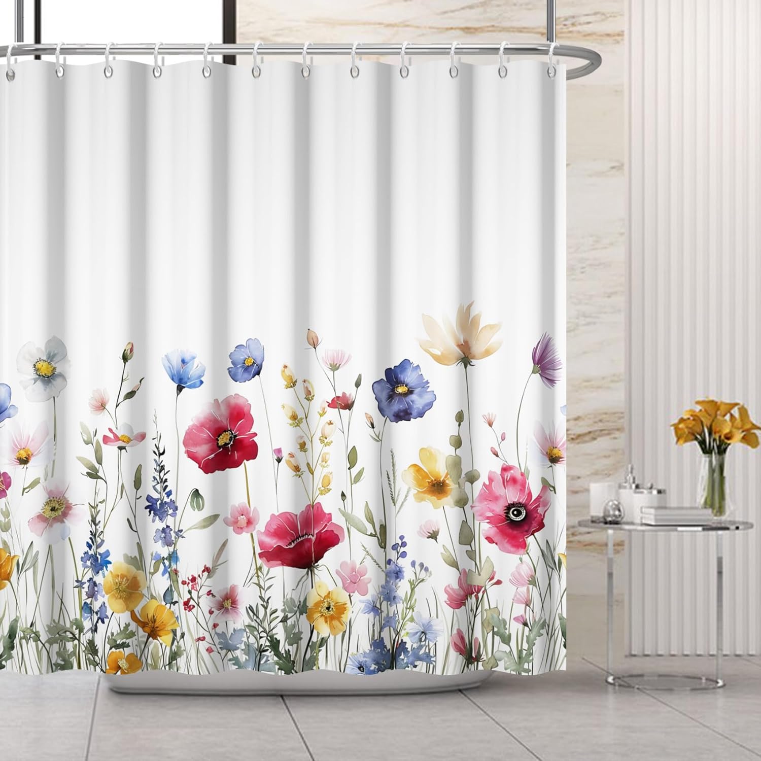 Renaiss Floral Shower Curtains for Bathroom Botanical Flowers Decorative Shower Curtain Fabric Blooming Flowers Pretty Bathtub Decor Waterproof Shower Curtain Set Hooks 72" W x 72" L