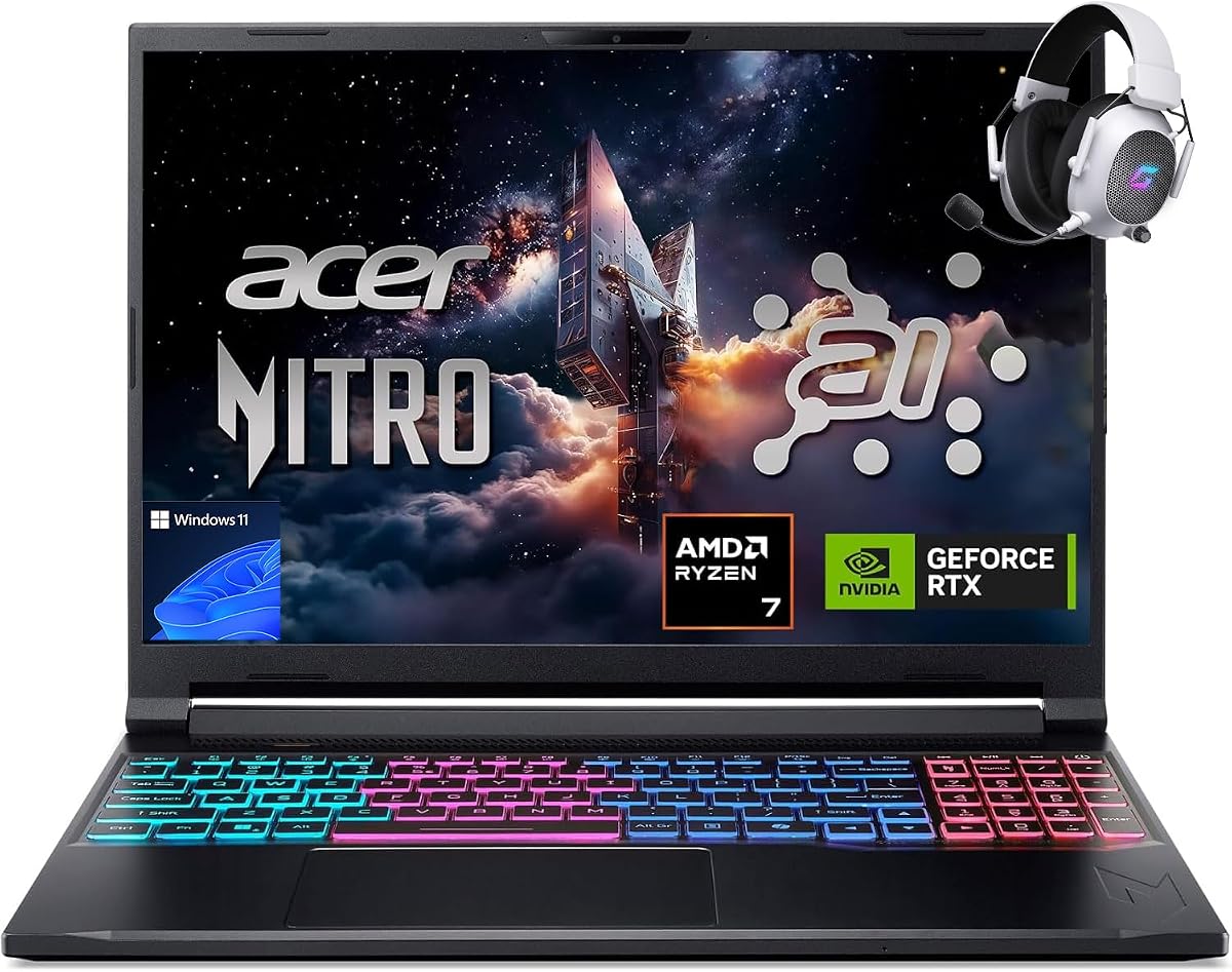 Laptop para juegos Nitro V 16S AI, Ryzen 7 260, GeForce RTX 5060 8GB GDDR7 | Pantalla WUXGA IPS de 16" de 180 Hz, 32 GB de RAM DDR5, SSD Gen 4 de 1 TB, Win 11 Home, Wi-Fi 6, KB retroiluminado RGB de 4 zonas, HHDMI, con auriculares
