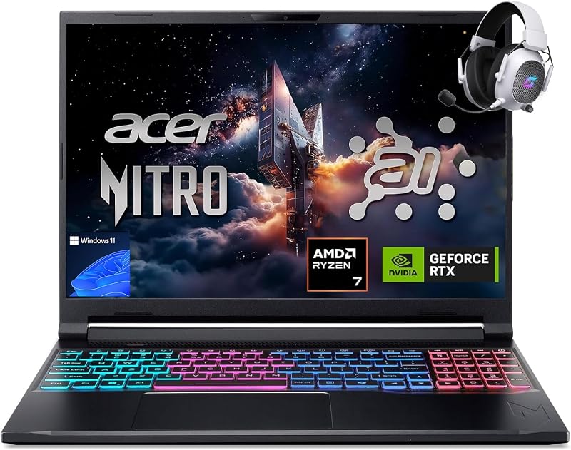 Laptop para juegos Nitro V 16S AI, Ryzen 7 260, GeForce RTX 5060 8GB GDDR7 | Pantalla WUXGA IPS de 16" de 180 Hz, 32 GB de RAM DDR5, SSD Gen 4 de 1 TB, Win 11 Home, Wi-Fi 6, KB retroiluminado RGB de 4 zonas, HHDMI, con auriculares