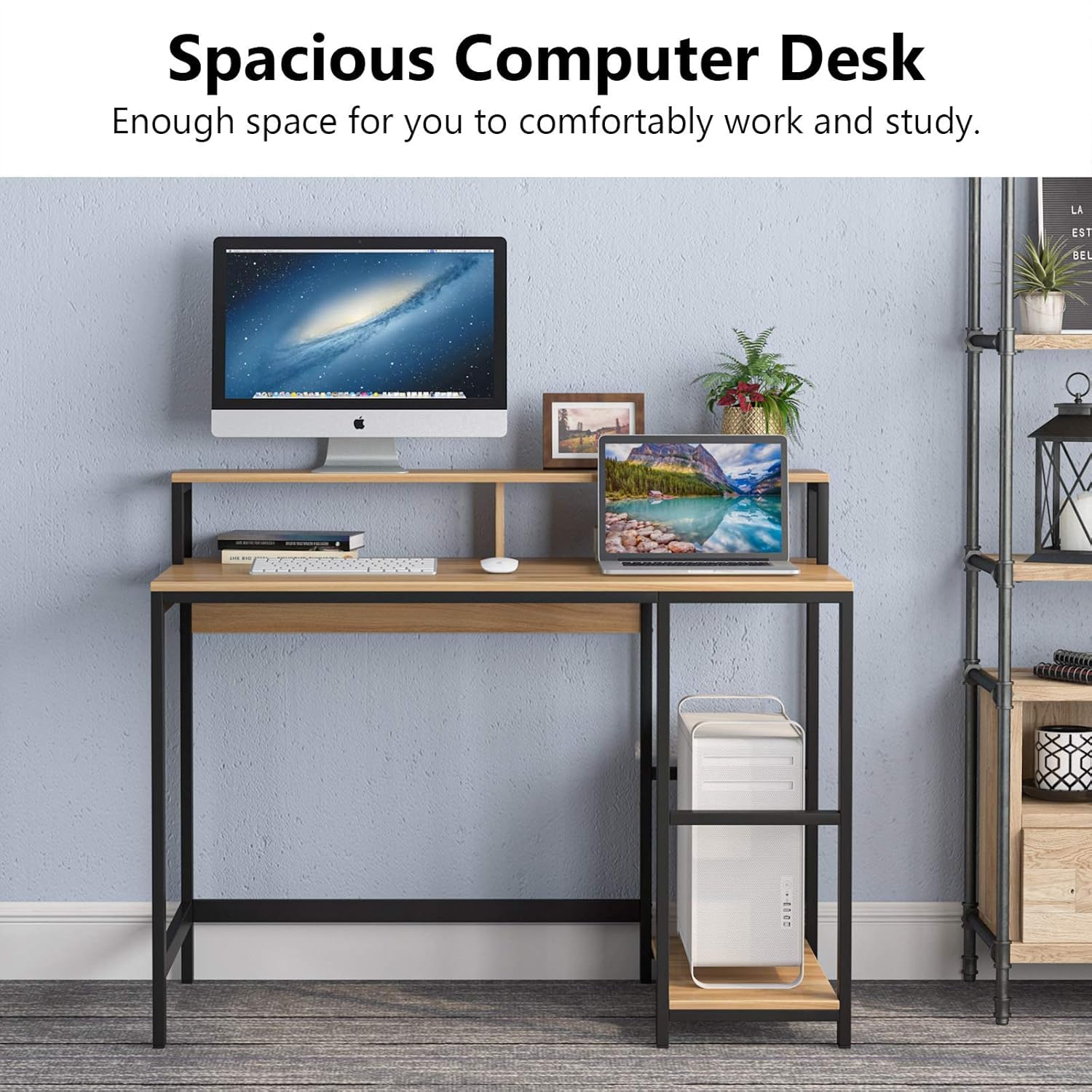 Priti Computer Desk with Storage Shelves Small Writing Desk with Bookshelf Industrial Home Office Desk with Metal Frame Study Table for Bedroom 4