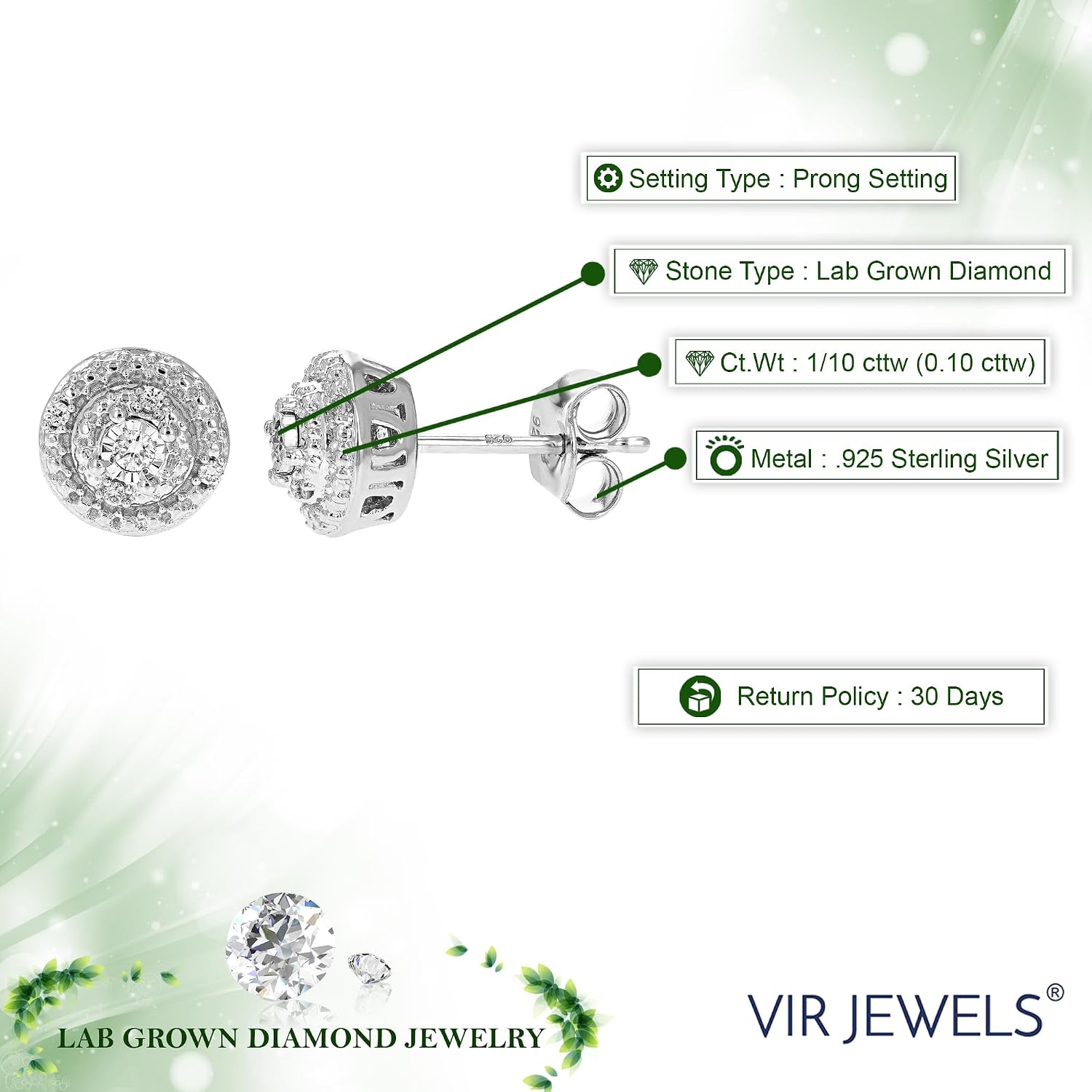 Vir Jewels 1/10 cttw Lab Grown Diamond Stud Earrings for Women Round in .925 Sterling Silver Prong Set image 2