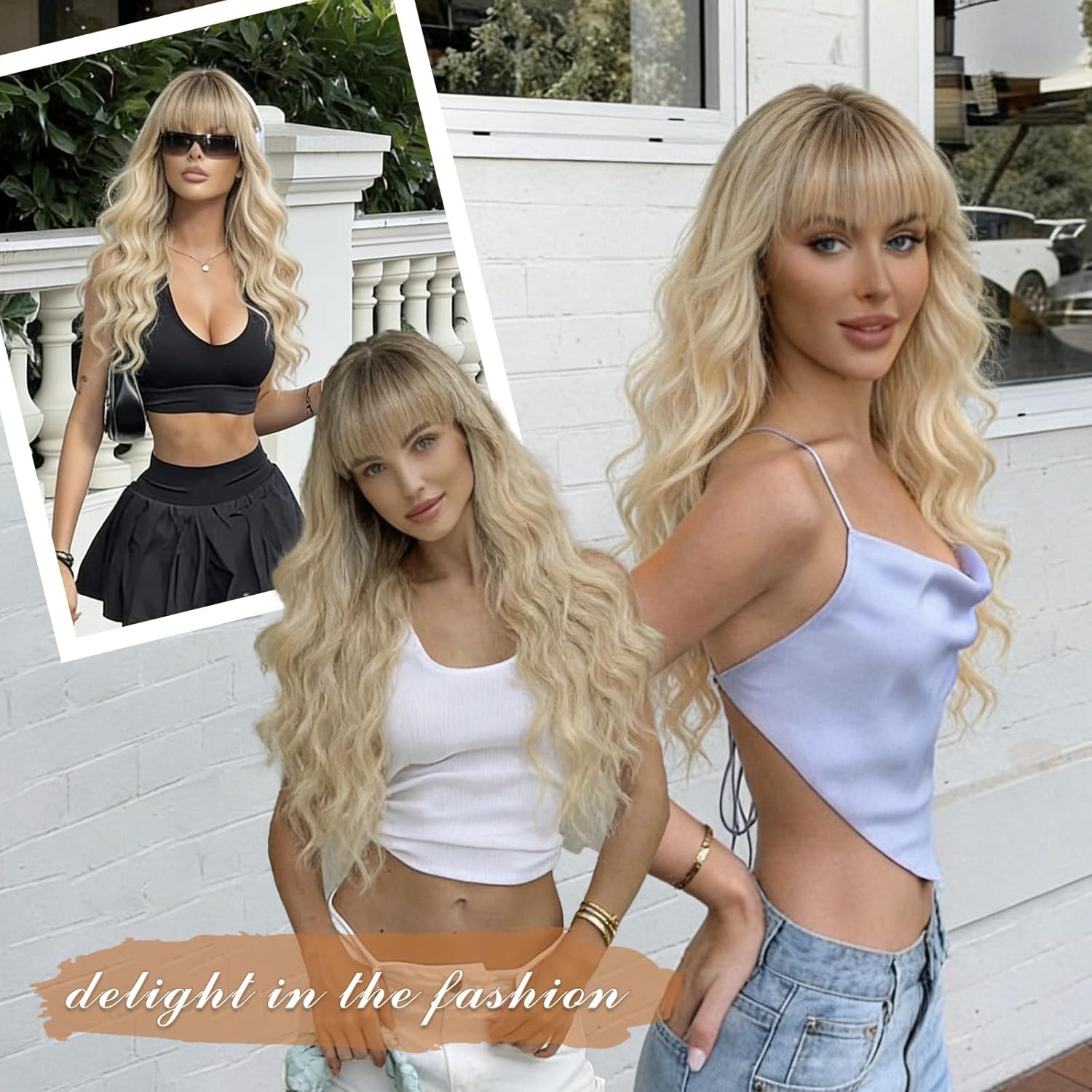 Blonde Wig for Women, Long Blonde Wavy Wig with Bangs 26 Inch Wigs Natural Looking Heat Resistant Synthetic Wig for Daily Party Use