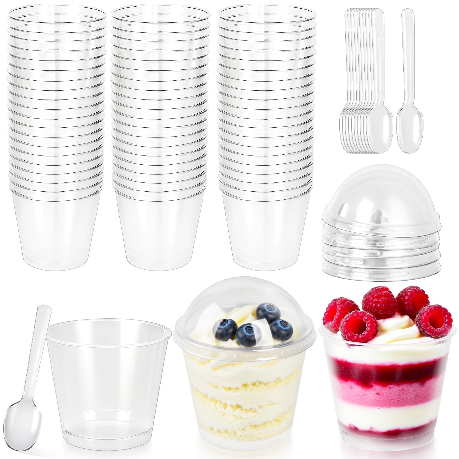 Fracurs 60 Stück Mini Dessertgläser Plastik mit 60 Stück Löffeln 210 ml Dessertbecher mit Deckel Kleine Wiederverwendbar Dessertschalen Runden Desserttöpfe für Zuhause Desserts Mousse Pudding