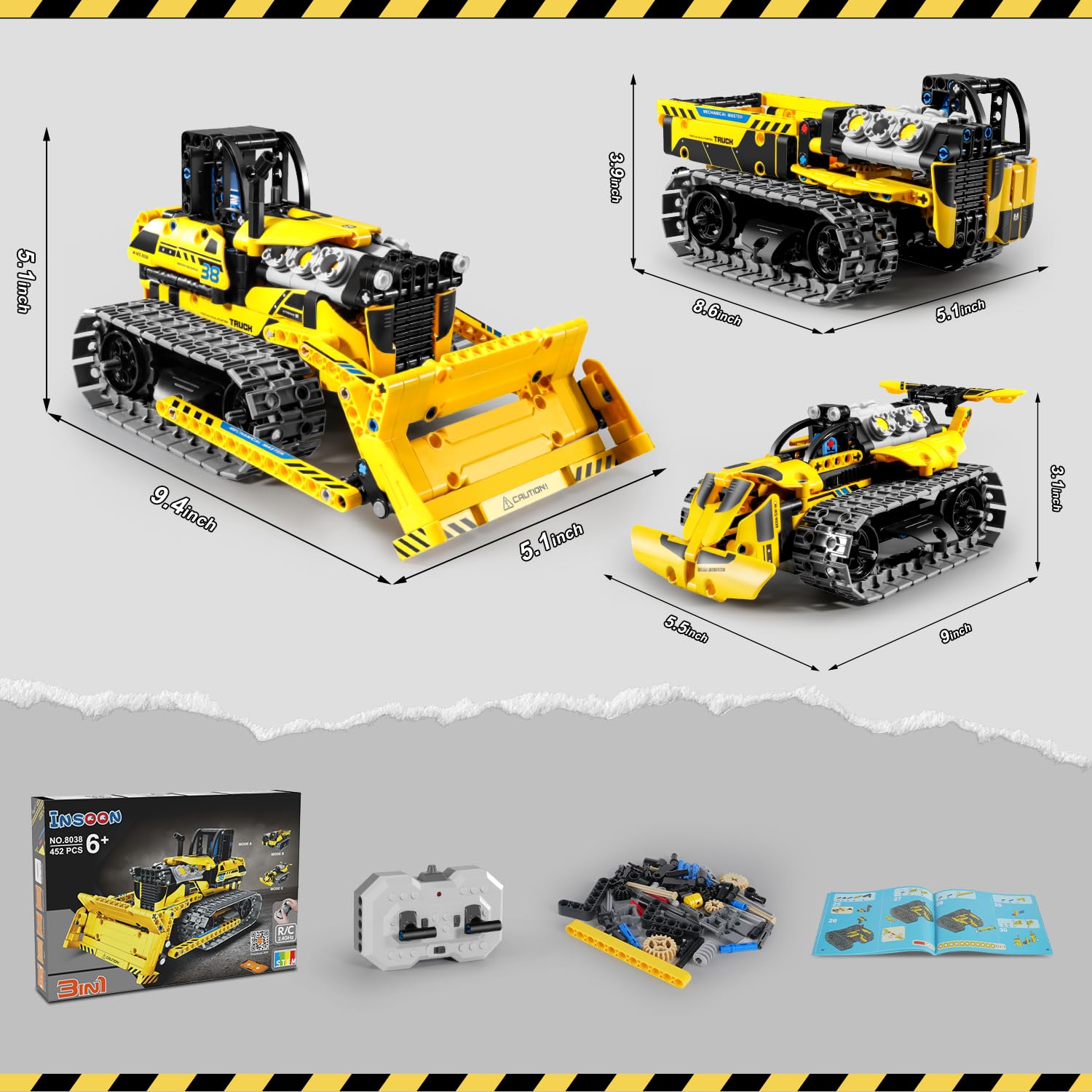 PLAXSOON Technic Vehículo de Construcción Teledirigido Juego de Construcción con Batería Recargable, 3-en-1 RC STEM Technic Bulldozer Camión Volquete Bloques de Construcción 452 Piezas, Regalo para