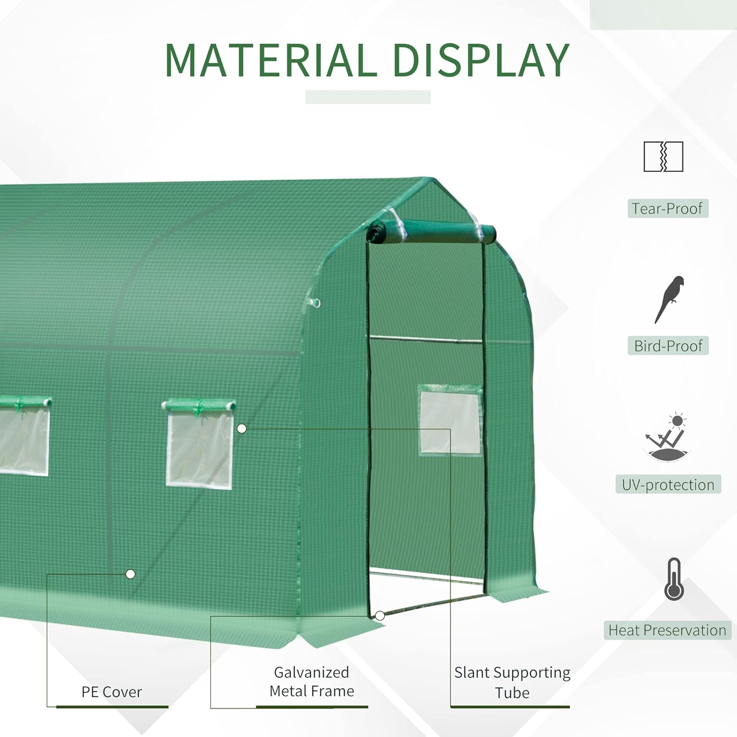 Greenhouse material display showing PE cover, galvanized metal frame, and slant supporting tube