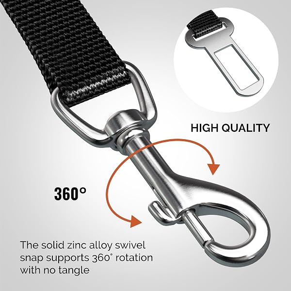 The Just Pet Zone Adjustable Dog Safety Belt in black, featuring durable nylon and a 360° swivel snap.