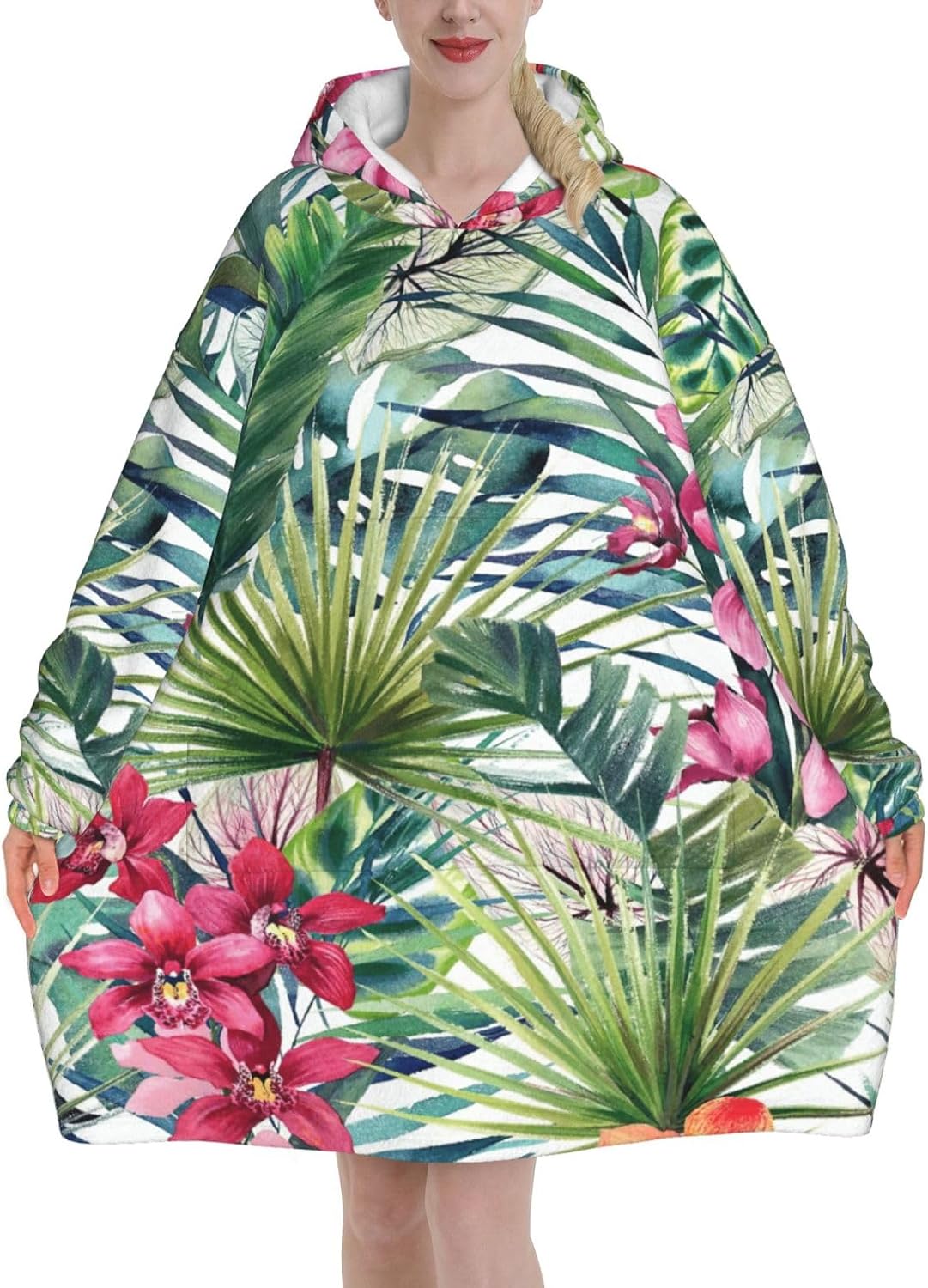 Tropical Plantsprint Oversized Hoodie Blanket, Super Soft Warm Comfortable Hoodie, Wearable Blanket Adult