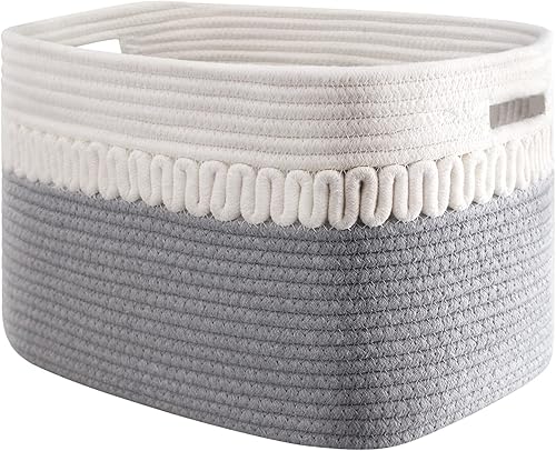 AROPEME Cesta de cuerda de algodón Cesta de almacenamiento rectangular tejida de 15 x 10 x 9 pulgadas para juguetes libros toallas cesta decorativa