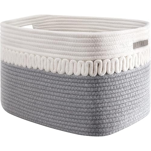 Cotton Rope Basket | 15"x10"x9" Rectangle Woven Storage Basket for Toys Books Towels Shelves | Coiled Decorative Basket with Handle for Living Room Bathroom | Baby Nursery Bin, Grey
