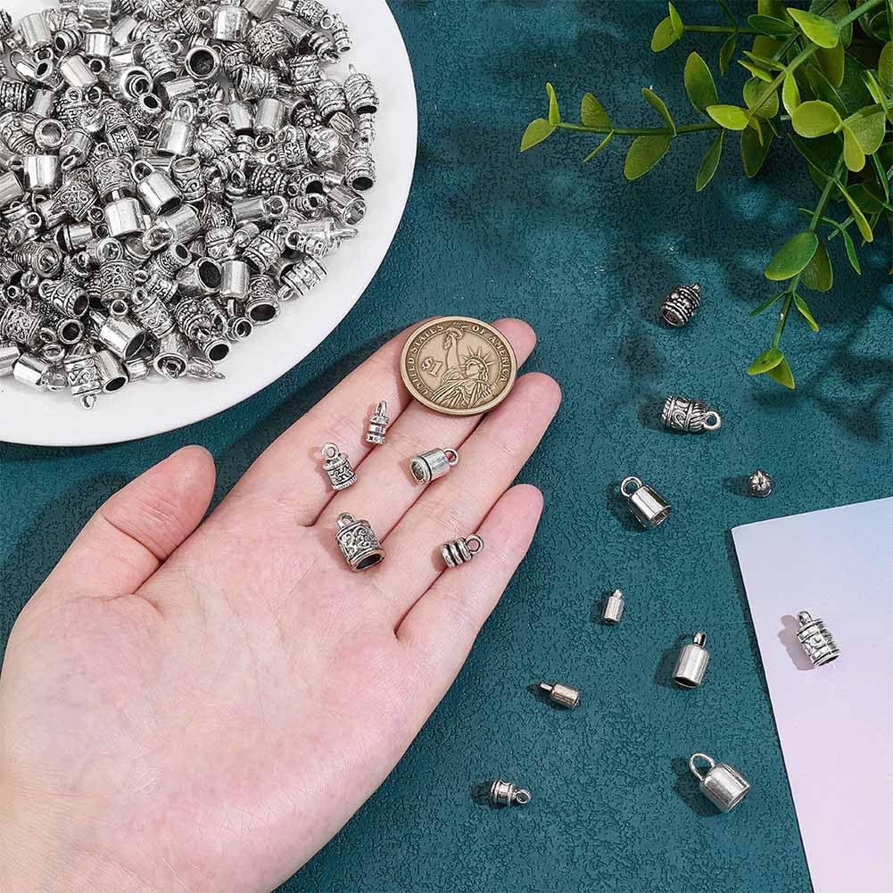 PH PandaHall 90PCS Cord End Caps 15 Styles Antique Silver Leather Tassel Cap Alloy Tube Barrel End Tip Cord Link Buckle Glue-in End Cap for DIY Kumihimo Bracelets Necklaces Jewelry Making