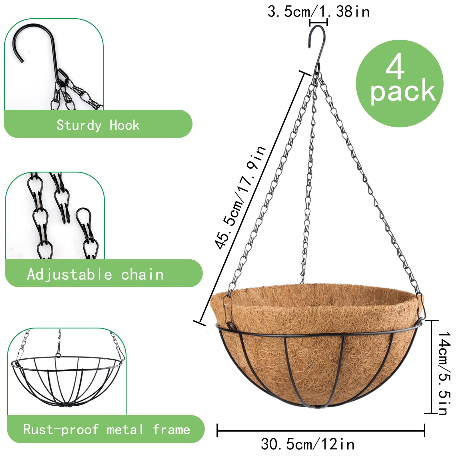 Lot de 4 pots de fleurs ronds à suspendre en métal avec doublure en fibre de coco de 30,5 cm avec chaîne noire de 50,5 cm, pot de fleurs pour intérieur et extérieur, jardin, porche, balcon, terrasse