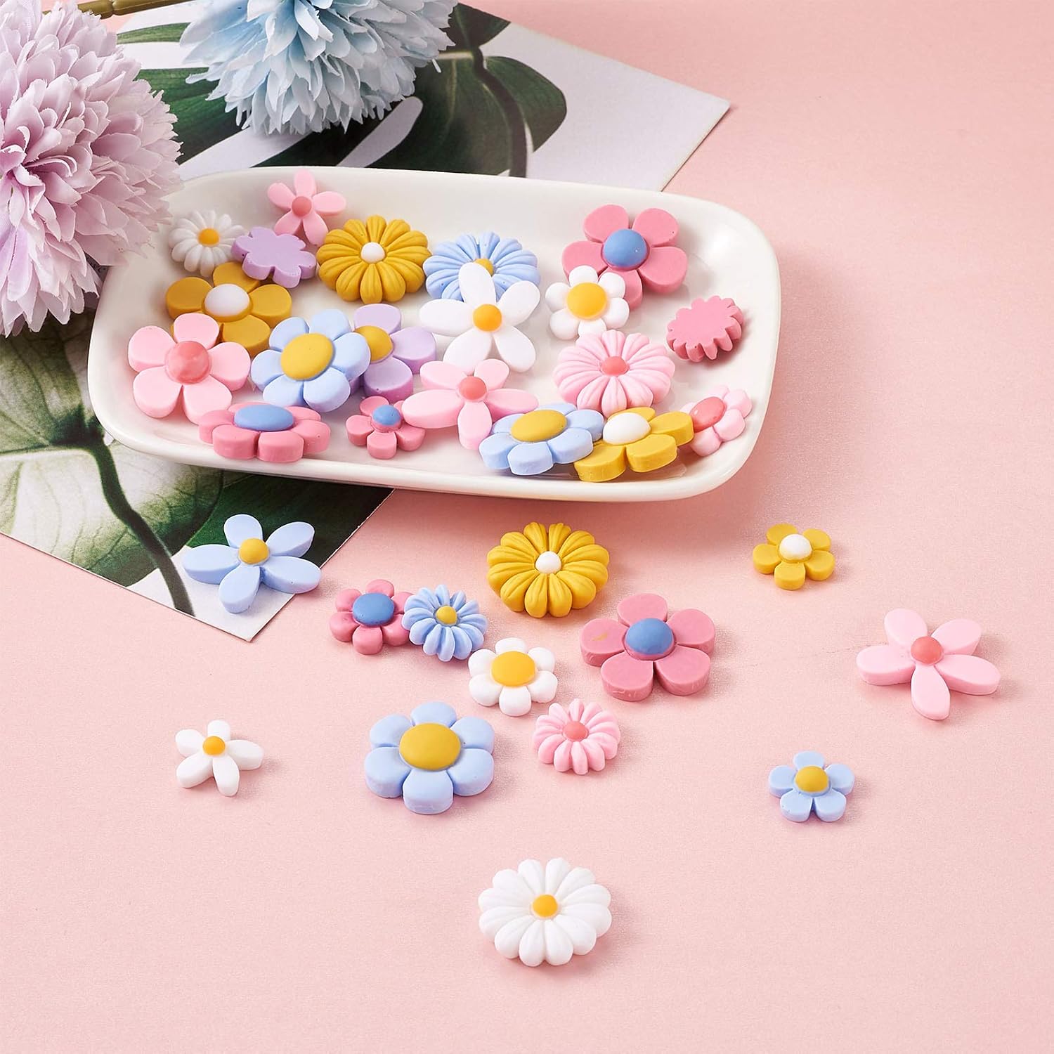 Craftdady 240pcs Resin Flower Flatback Cabochon Charms Undrilled Opaque Sunflower Floral Bead Charms Charms Mixed Colors for Scrapbooking Embellishments Craft Jewelry Making