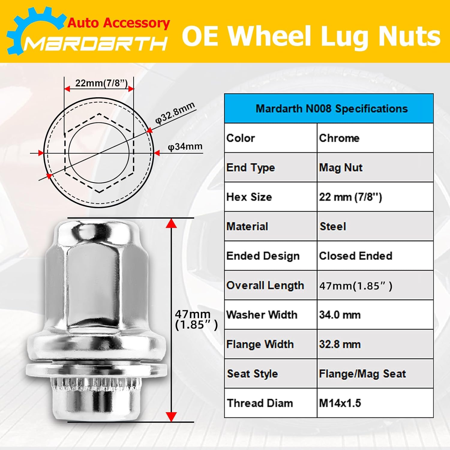 Set of 20, 14x1.5mm OEM Style Factory 1.85 Inch 7/8 22mm Hex Mag Washer Lug Nuts Compatible with Sequoia Landcruiser Tundra Lexus LX