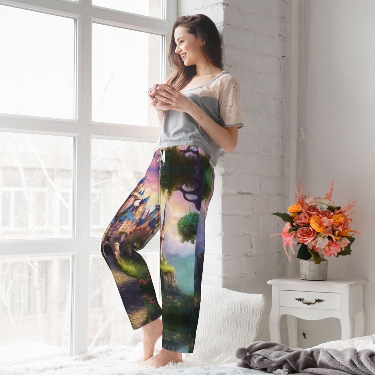 Magic Fairy Tale Castle Print Cozy Christmas Pajama Pants,Flannel Pajama Bottoms,Cater To Various Body Types