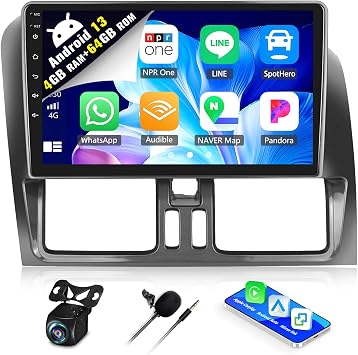 SIXWIN 4G+64G Android 13 Car Stereo for Volvo XC60 2008-2013 9 Inch Touch Screen with CarPlay Android Auto Mirror Link UI Bluetooth FM GPS Navigation WiFi FM SWC Shot Cut Backup Camera MIC