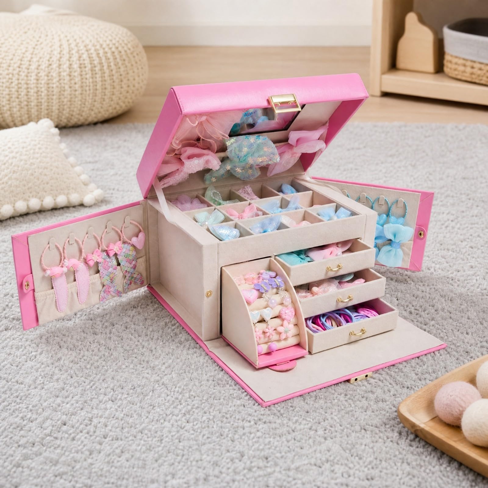 Cofanetto Accessori per Capelli con Specchio Compartimentato Regalo per Bambine, Bambini, Cameretta