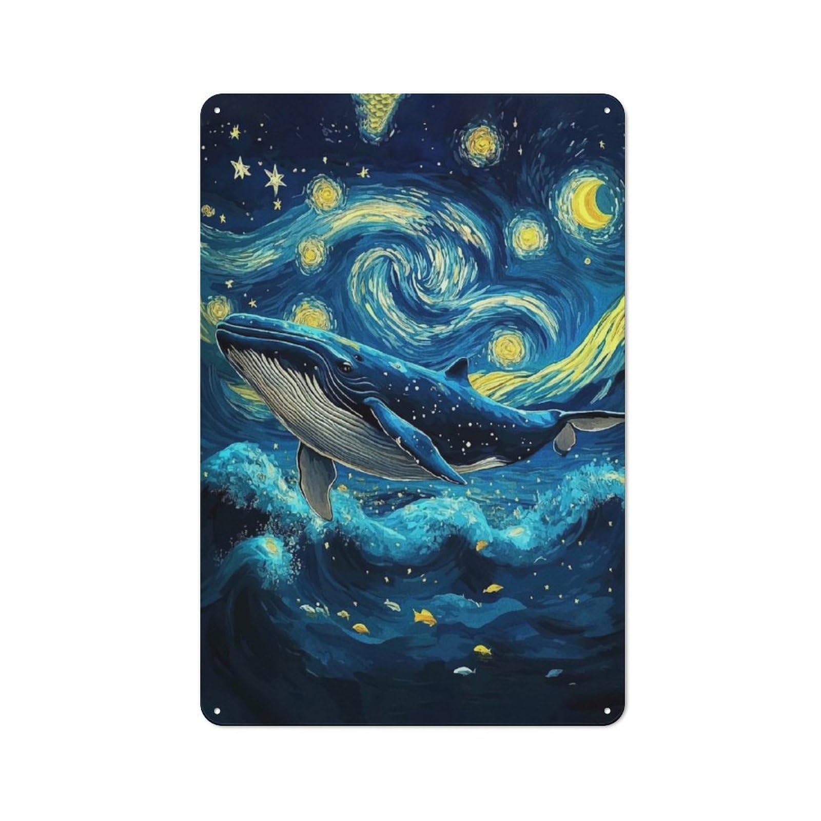 Junmoney Whale In Starry Night Style Tin Wall Sign With Design 30X20cm, Classic Diner Style Decor For Bakery, Diner, Cafe Or Family Room