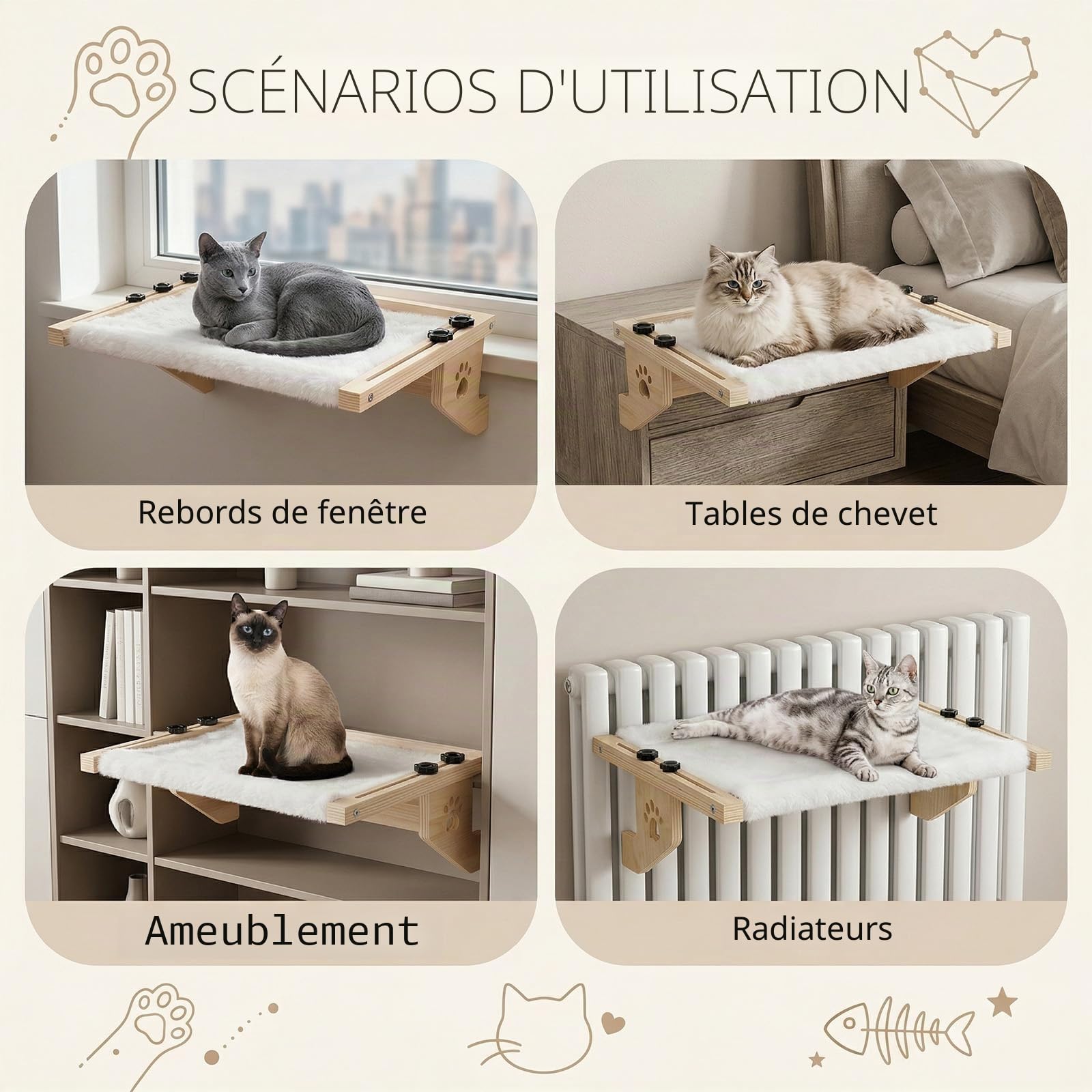 Hamac Chat Radiateur, Hamac Chat Fenetre en Bois avec Un Coussin en Peluche Lavable, Panier Fenetre sans Perçage Couchage et Mobilier
