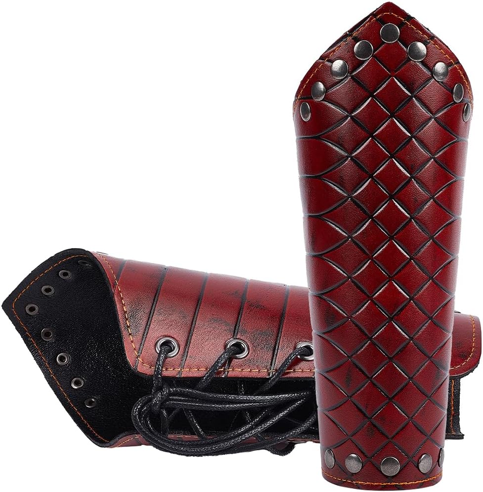 GORGECRAFT 2PCS Leather Arm Guards Medieval Leather Gauntlets Wristband Retro Checkerboard Embossing Armour Bracers Adjustable Leather Arm Armor Cuff for Halloween Knight Cosplay Costume, Dark Red