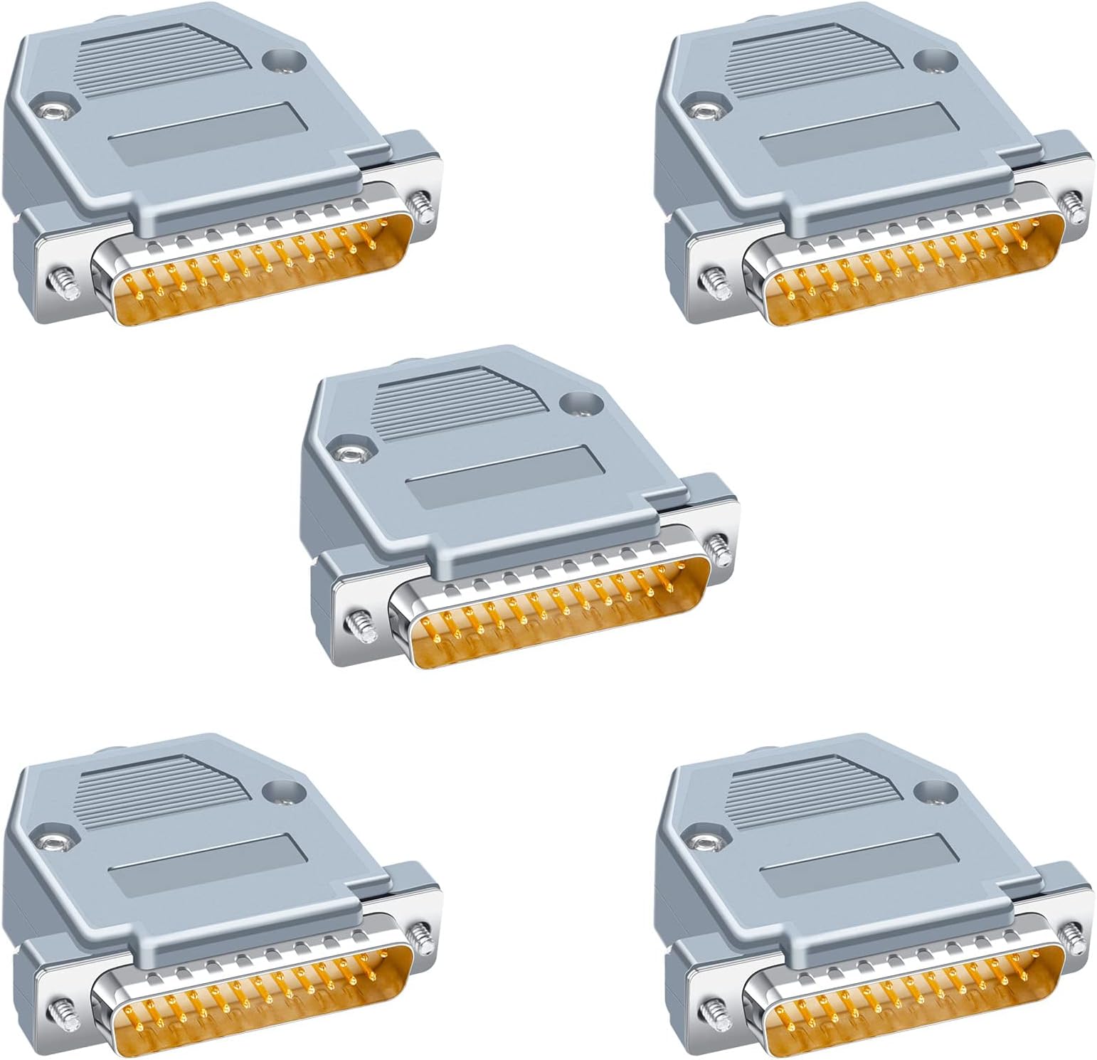 5PCS DB25 Male RS232 D-SUB Serial Solder Cup Connectors Kit, Gold Plated Joints RS232 Serial Solder Type Port 25 Pin D Sub Couplers with Plastic Hoods, Strain Relief Grommet and Screws