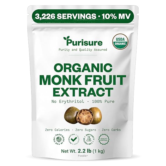 Organic Monk Fruit Extract Powder 1kg, Pure Monk Fruit Sweetener, No Erythritol or Additives, Zero Calorie Sugar Substitute, Keto & Paleo Diet Friendly, 3226 Serving