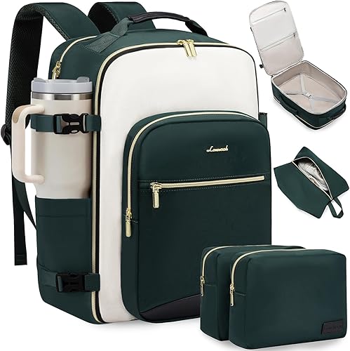 LOVEVOOK Mochila de viaje grande para mujer, mochila para artículos personales, esenciales, Verde oscuro-beige-negro, Mochilas de viaje