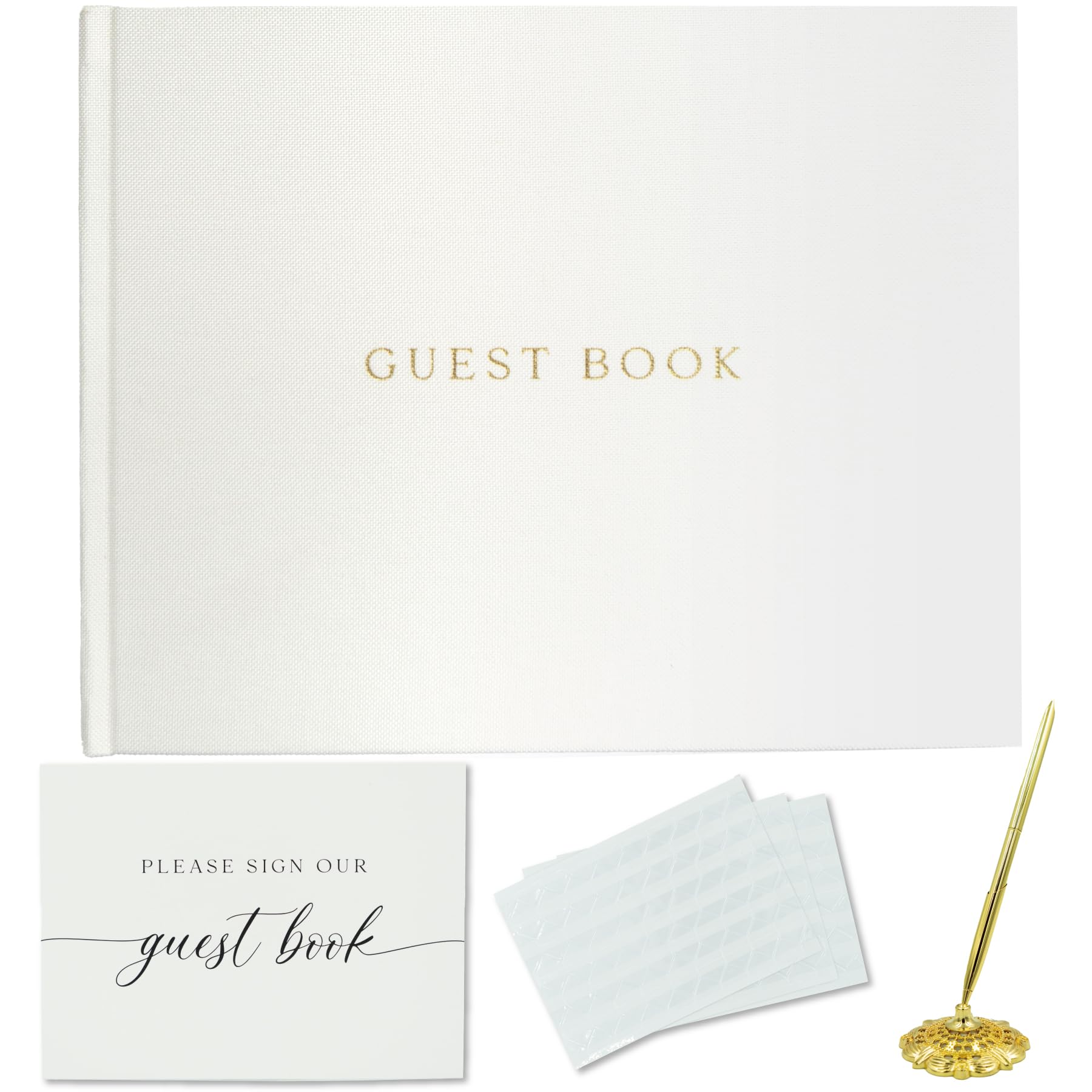 Gooji Linen Wedding Guest Book Wedding Reception Guestbook to Sign in and Add Polaroid Photos or Baby Shower Includes Sign Card, Signing Pen, Photo Corners (Ivory) 7x9, 100 Pages, Gold Foil, Lined