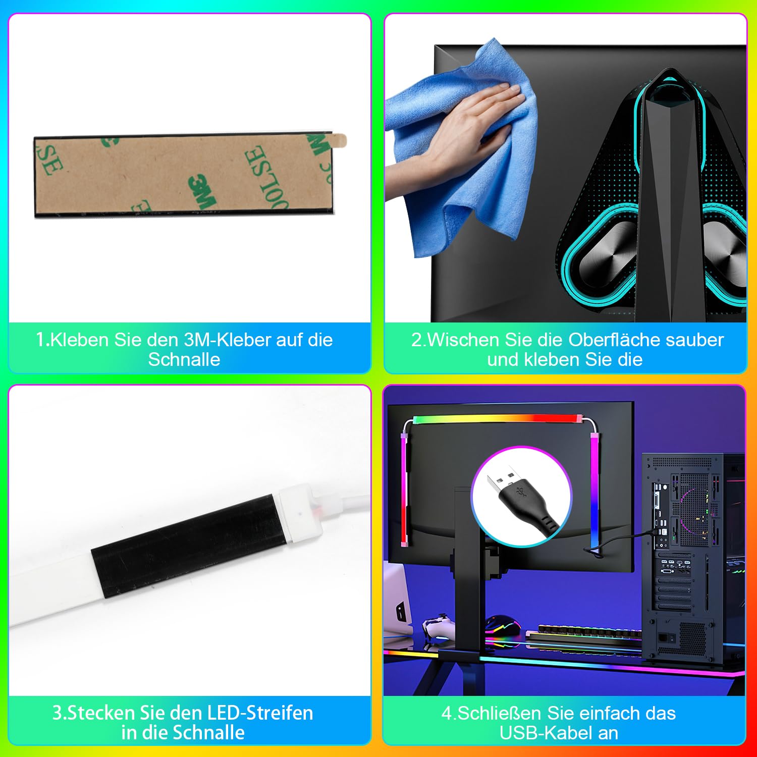 Herrselsam Striscia LED RGB RGB 111 cm per monitor PC da 27 pollici, striscia luminosa al neon, retroilluminazione PC, illuminazione LED USB con controllo app, confezione da 2