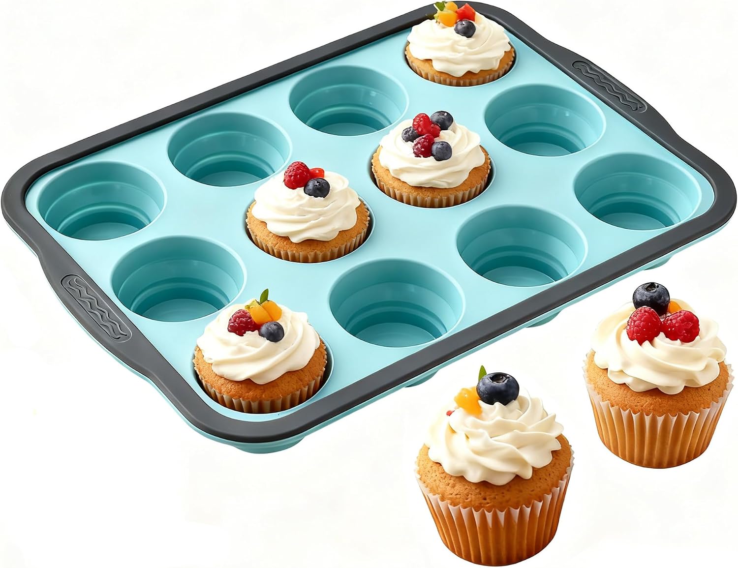 Silicone Muffin Pan for Baking with Metal Frame， Nonstick Cupcake Pan， 12 Cup Baking Pan for Cupcake, Tarts, Egg Bites(12 Cup Pink)