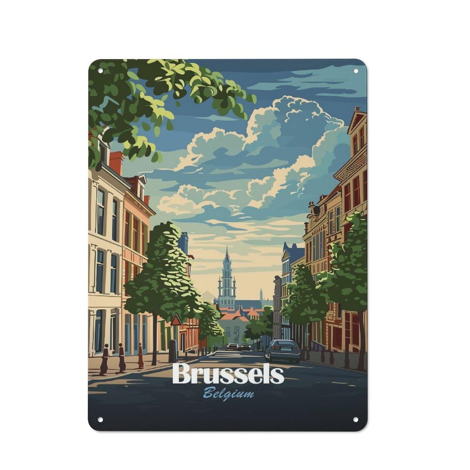 Junmoney Style-17 40X30cm Retro Metal Sign With Brussels, Belgium Cityscape Illustration For Living Room Or Hallway, For Living Room Decor Lovers Refreshing A Room In Autumn