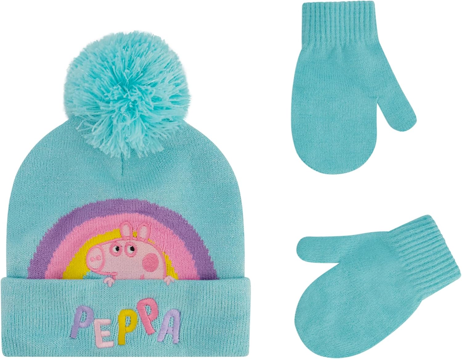 Peppa Pig Kids Beanie Hat and Gloves Set, Toddler Cuffed Winter Knit Cap with Pom and Matching Mittens, Teal Blue, One Size