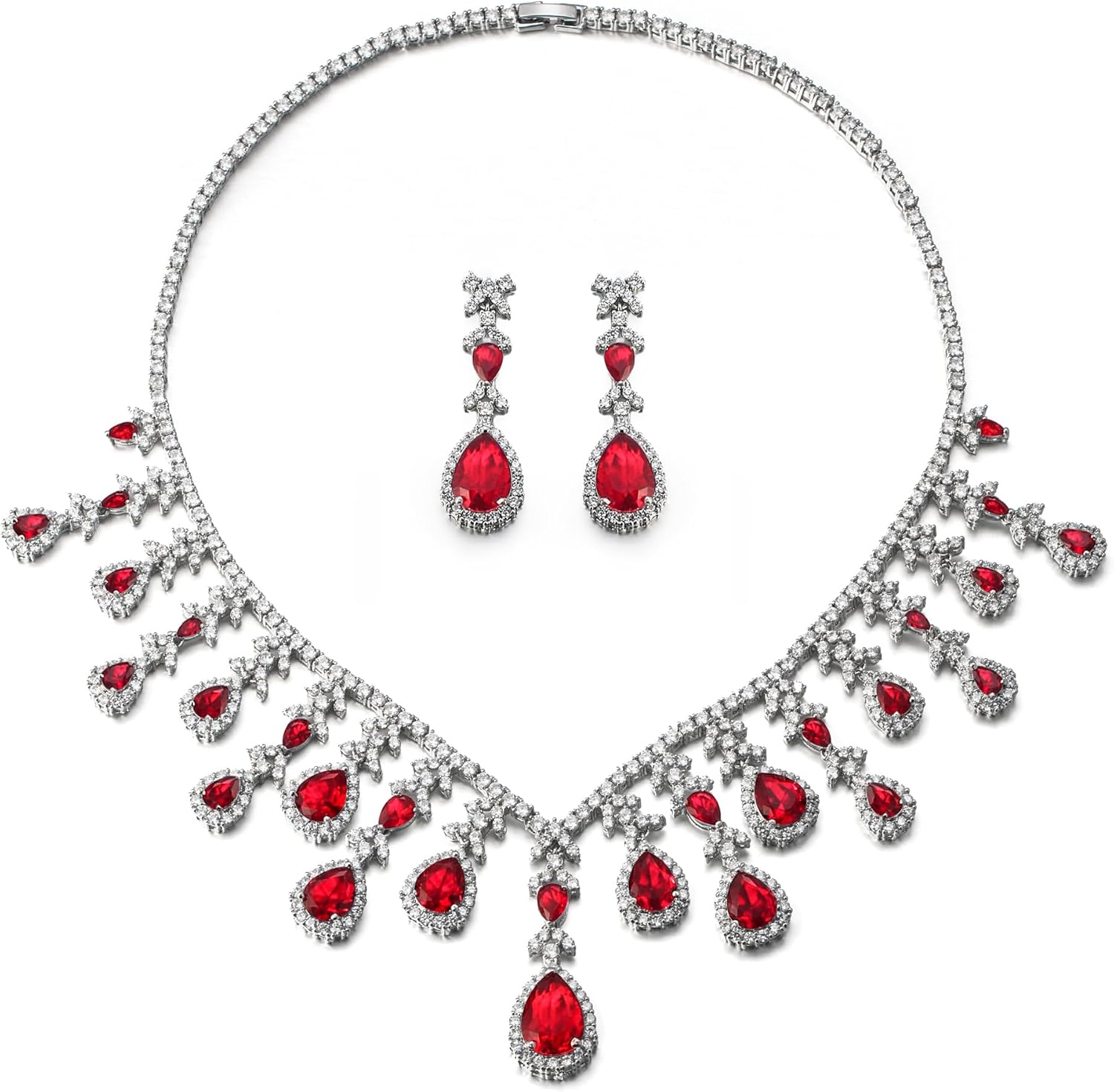 EVER FAITH Bridal Jewelry Set for Bride Bridesmaid, Elegant Cubic Zirconia Birthstone Teardrop Wedding Party Necklace Dangle Earrings Sets for Women