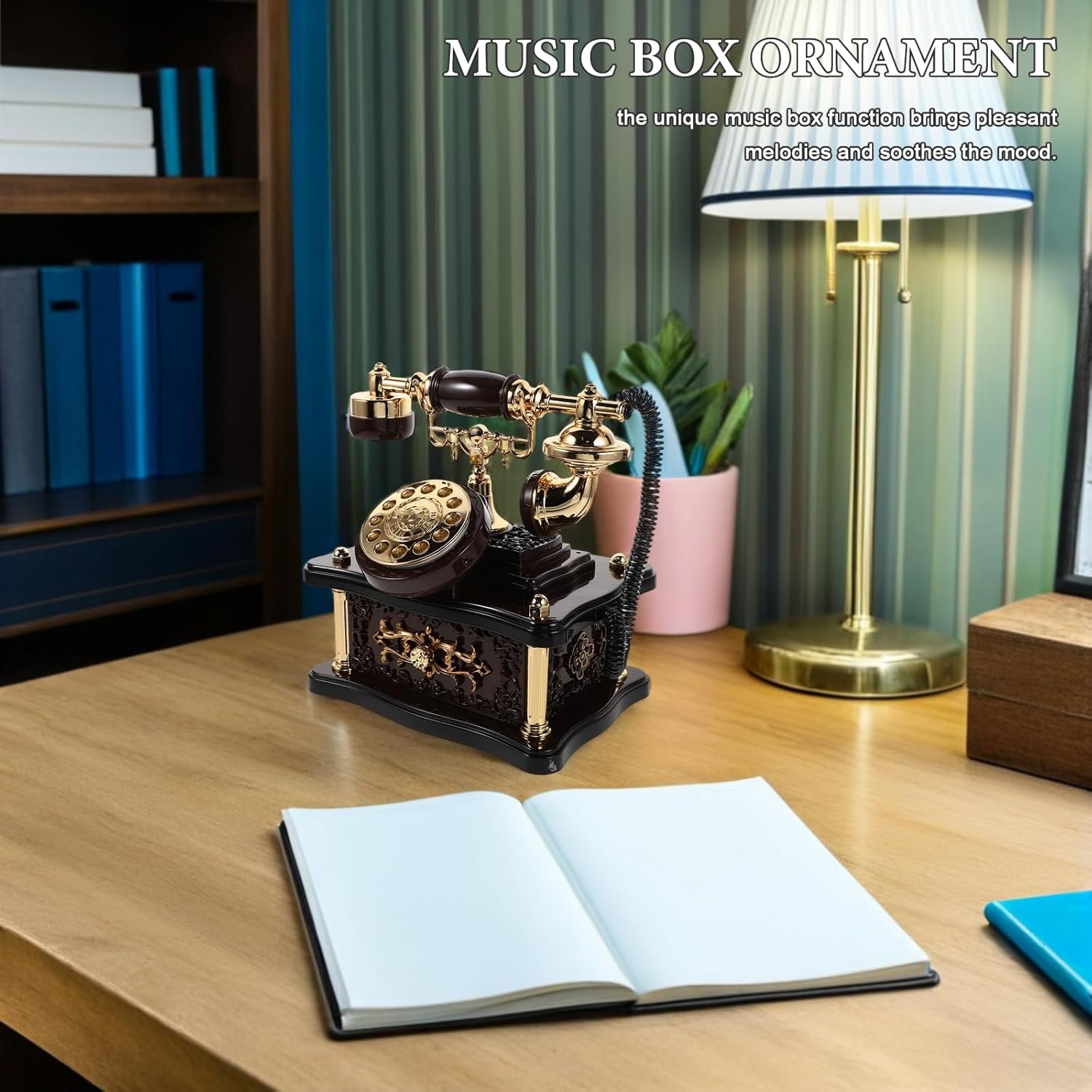 LOGOFUN Vintage Telephone Music Box Retro Dial Model Old Fashioned Landline Phone Figurine Desktop Ornament for Cabinet Shelf Entrance Hall