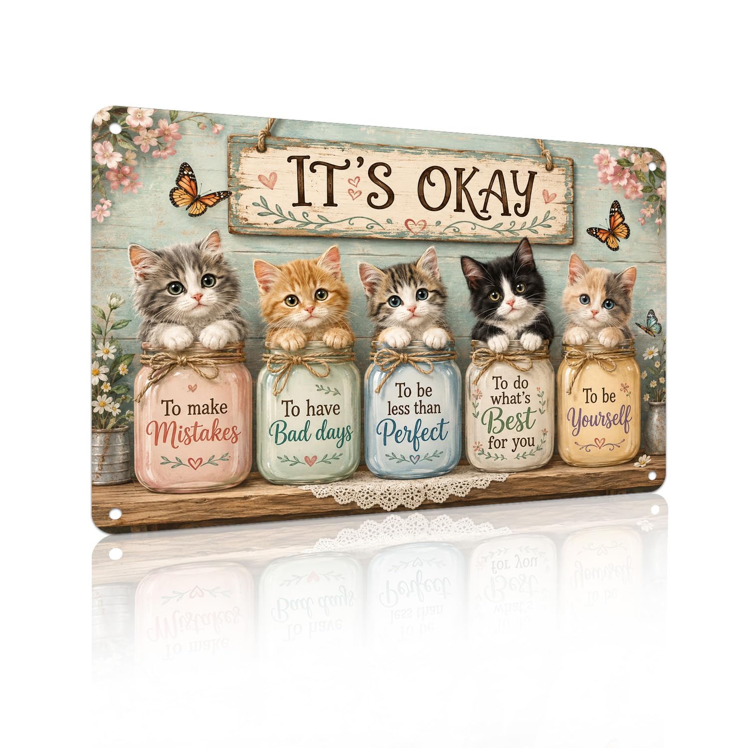 It's Okay Metal Sign β Cute Vintage Aluminum Wall Decor with Kittens and Glass Jars for Bedroom, Study, Kids Room, Living Room, Home Office, 8x12 Inches (26108)